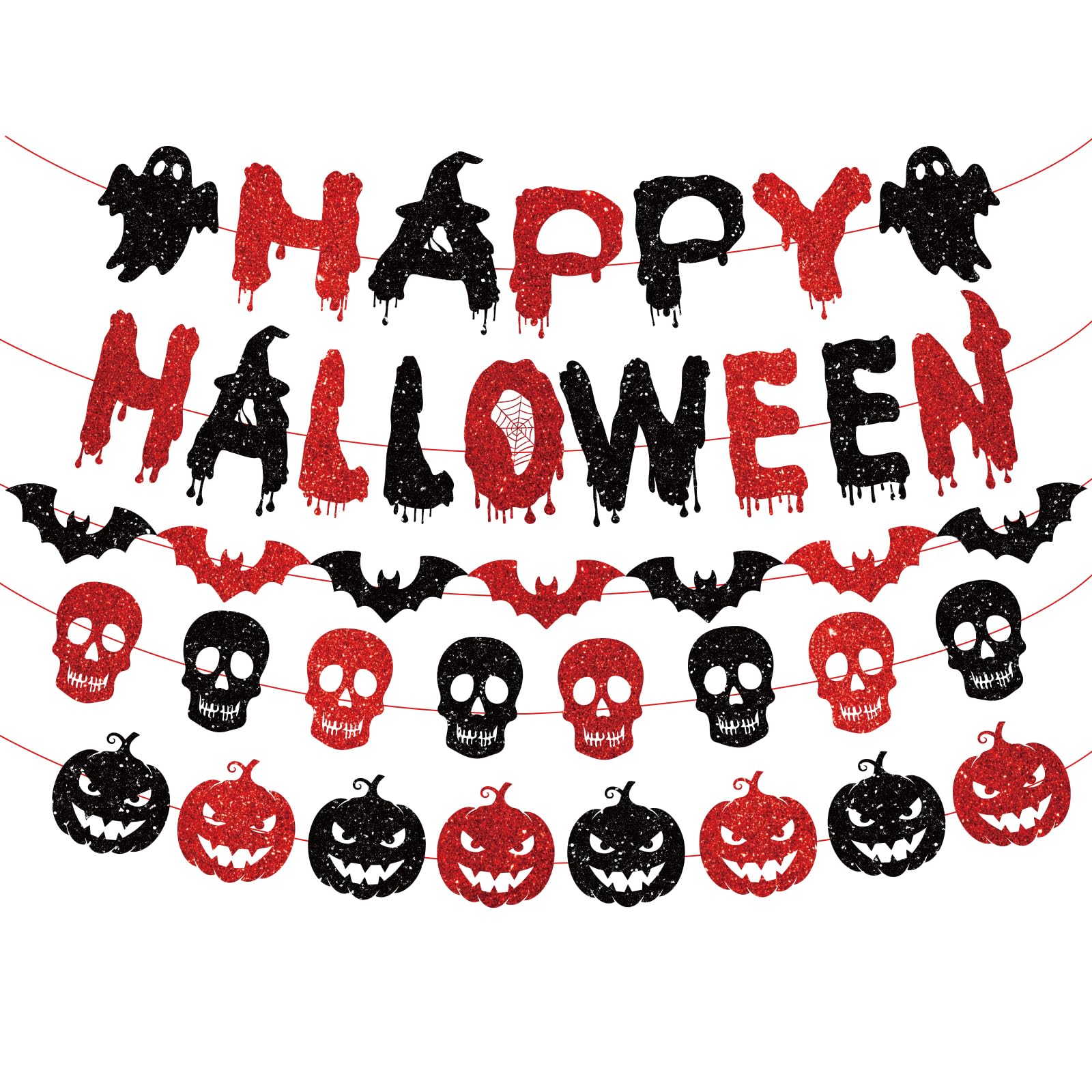 Happy Halloween Party Banner Decorations - Pumpkin Bat Skulls Bunting 5 PCS