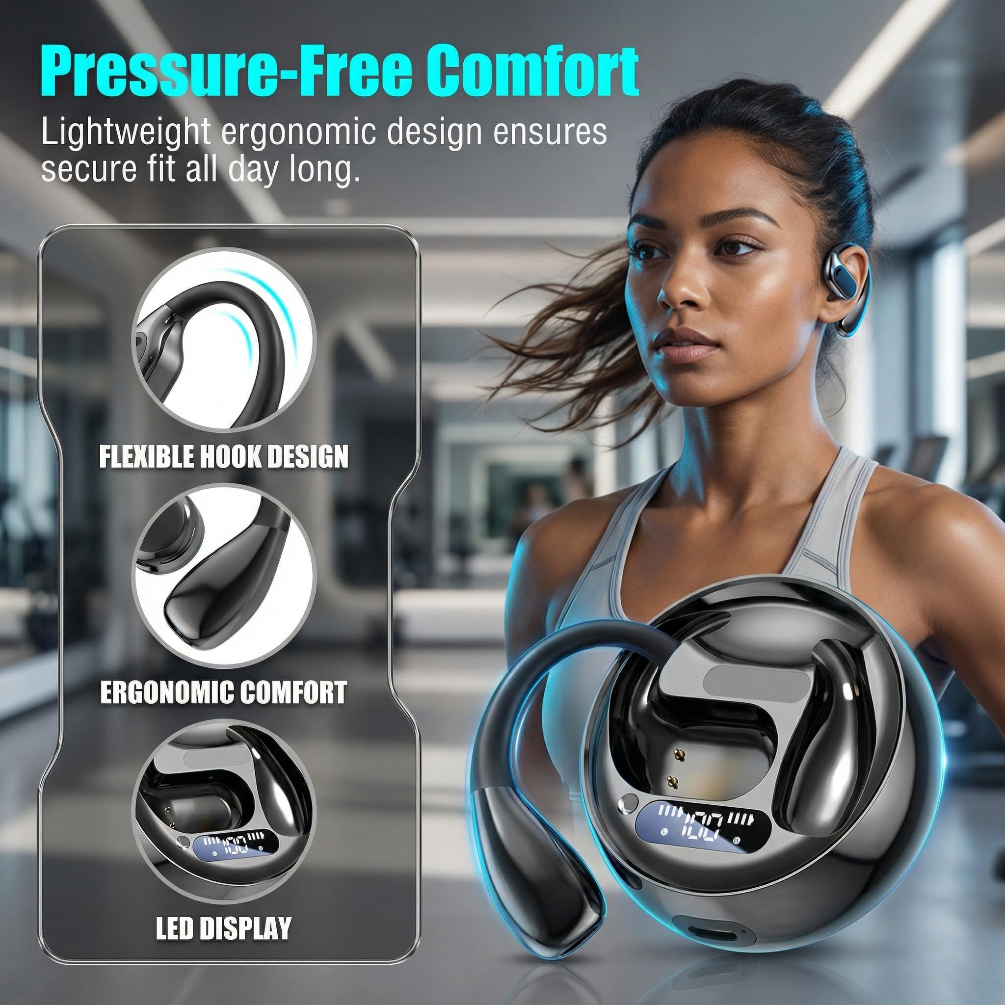 Auricolari aperti, auricolari wireless Bluetooth 5.4, display a LED, auricolari Bluetooth per allenamento/corsa, controlli touch con riduzione del rumore AI, 72 ore di autonomia, impermeabili