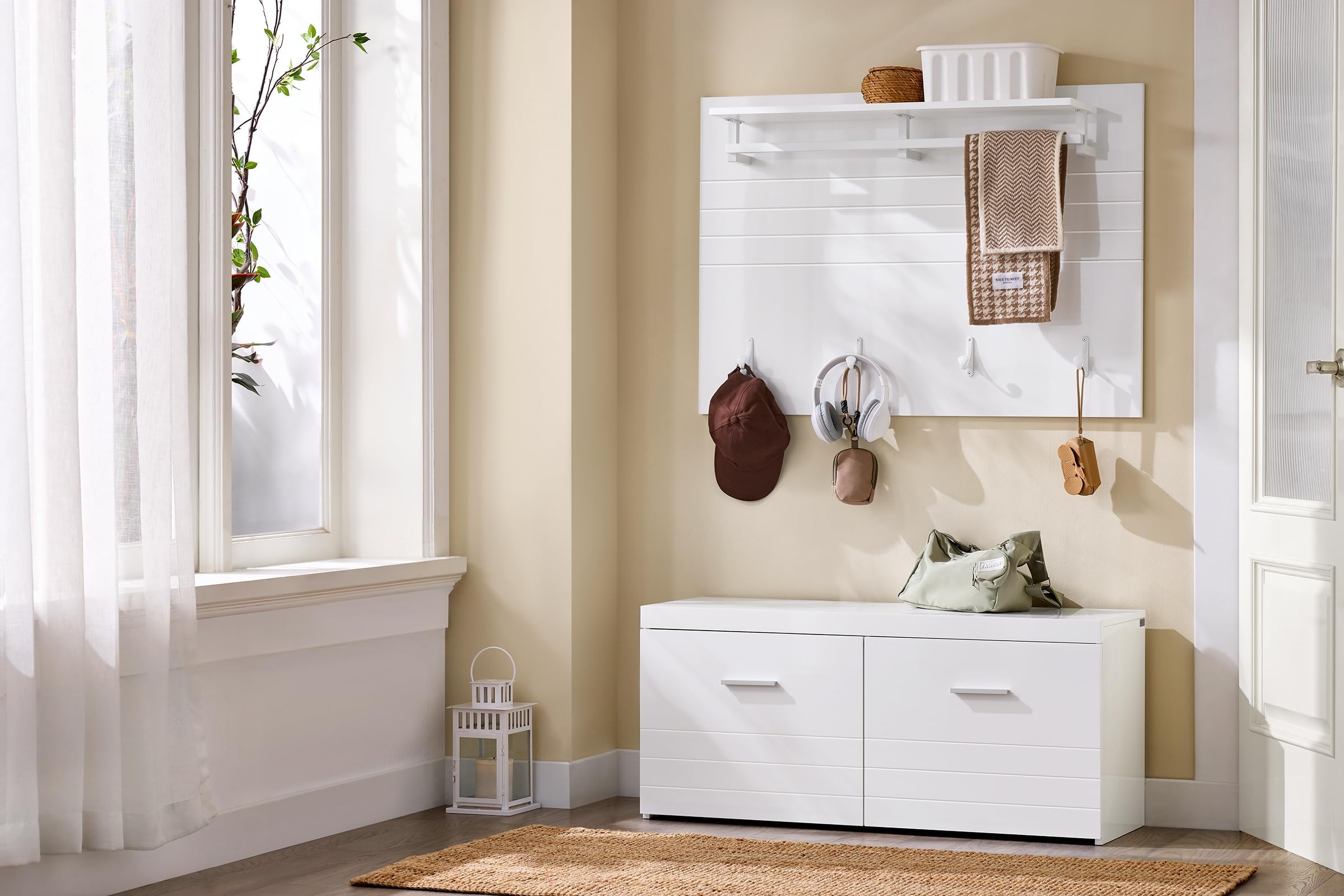 SoBuy Porte manteau mural bois avec patère murale et étagère rangement – Meuble entrée mural multifonction pour salle de bain, cuisine, chambre – Blanc 100x20x70cm, Charge 21kg, FHK36-W