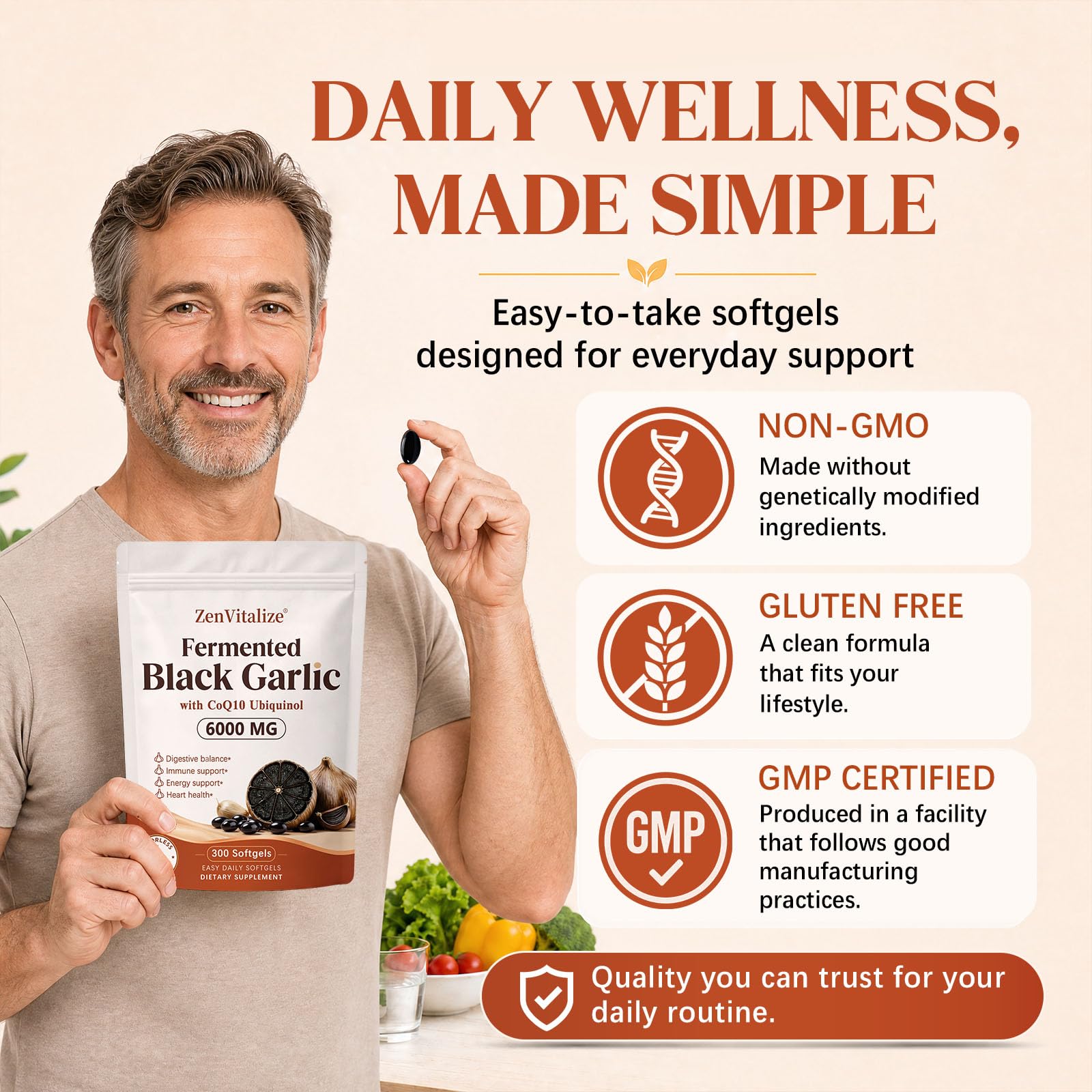 Aged Fermented Black Garlic Softgels with CoQ10 Ubiquinol and Vitamin K2 MK-7, Odor-Free Garlic Extract Supplement for Heart & Immune Support, Non-GMO, Gluten-Free, 300 Softgels — Amazon image 6
