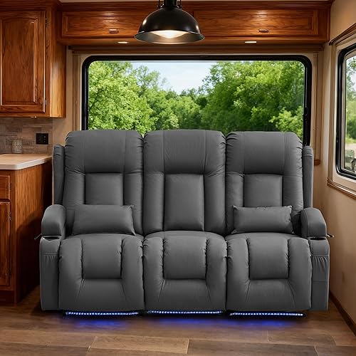 Miniatura 8 de TUNYI Sofá reclinable eléctrico con masaje y calor, asiento de cine en casa con consola, sofá reclinable eléctrico para caravana con