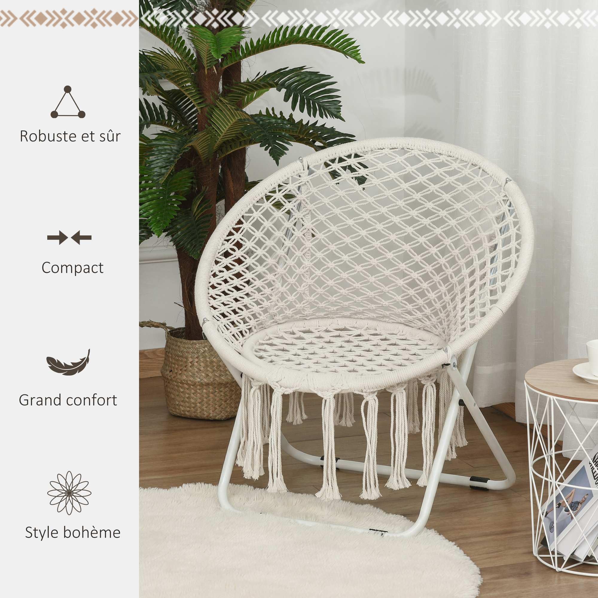 Outsunny Loveuse Fauteuil Rond de Jardin Fauteuil Lune papasan Pliable Grand Confort macramé Coton Polyester Beige