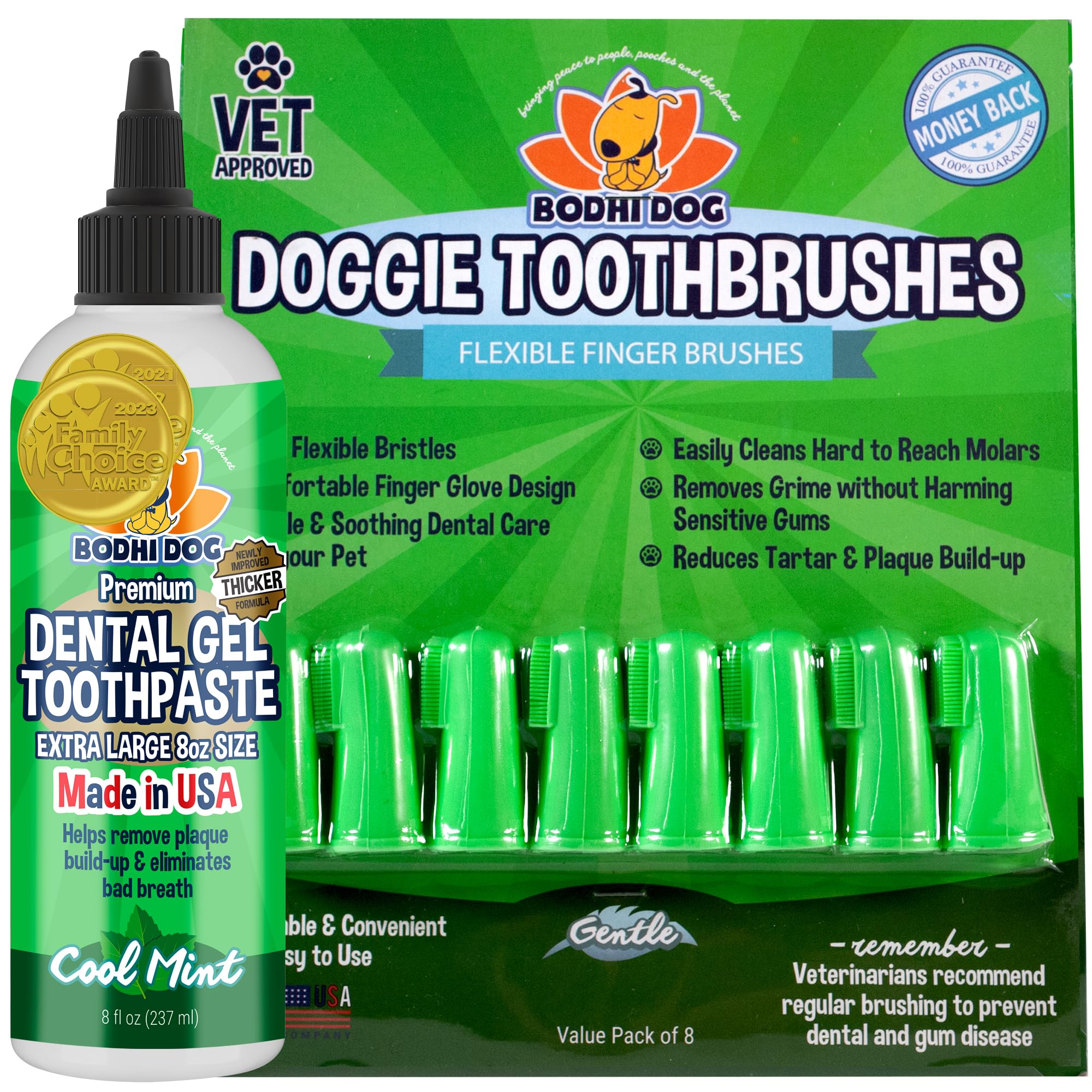 Bodhi DogDental Gel Reduces Tartar and Freshens Bad Breath + 8-Pack Gentle Disposable Finger Toothbrush | Soft & High-Grade Dog Toothbrush with Silicone Bristles | Oral Care or Dental Care Bundle