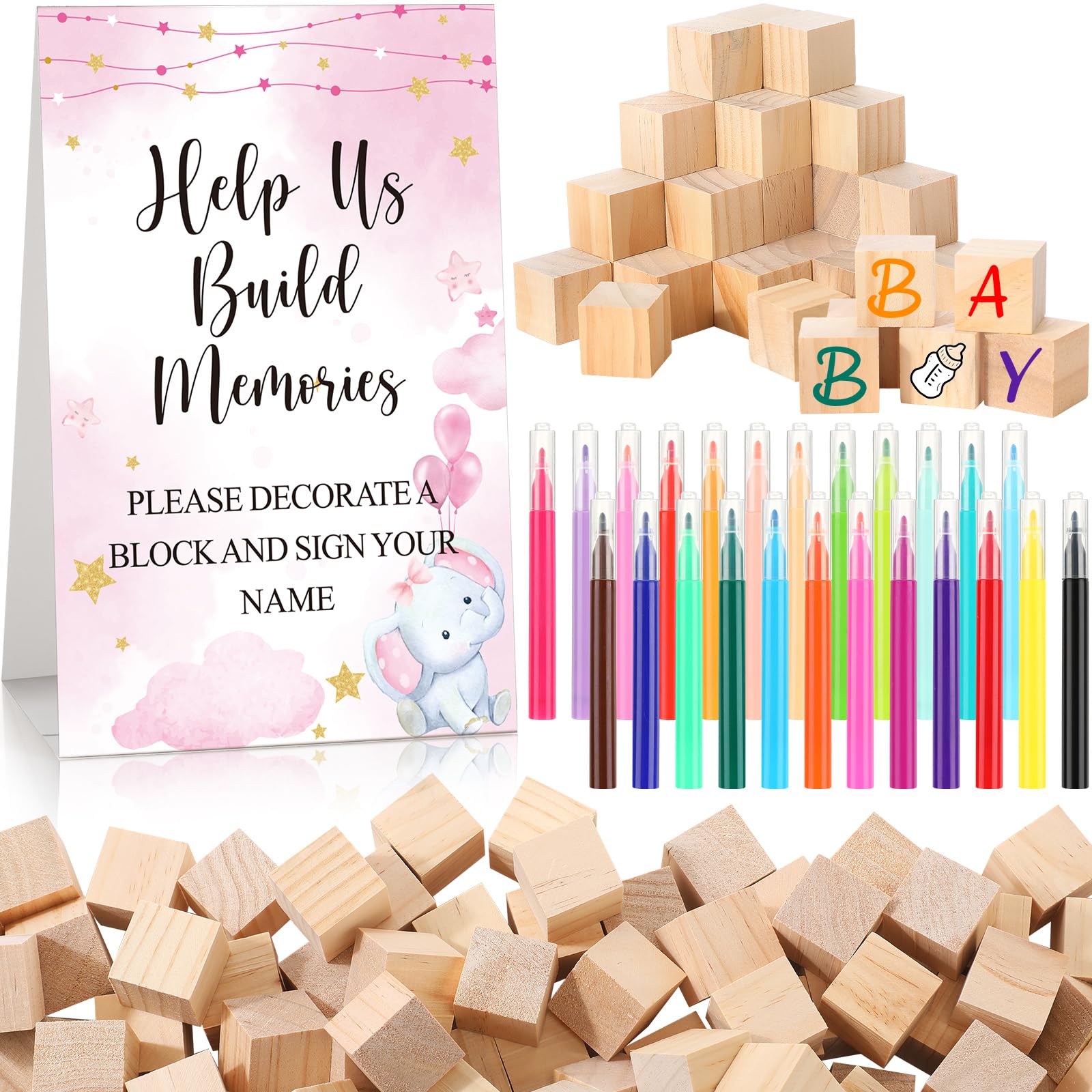 Dinifee 125 Pcs Baby Shower Decorate a Block Game Set Includes Help Us Build Memories Sign 100 DIY Blank Wooden Block 24 Paint Marker Prize for
