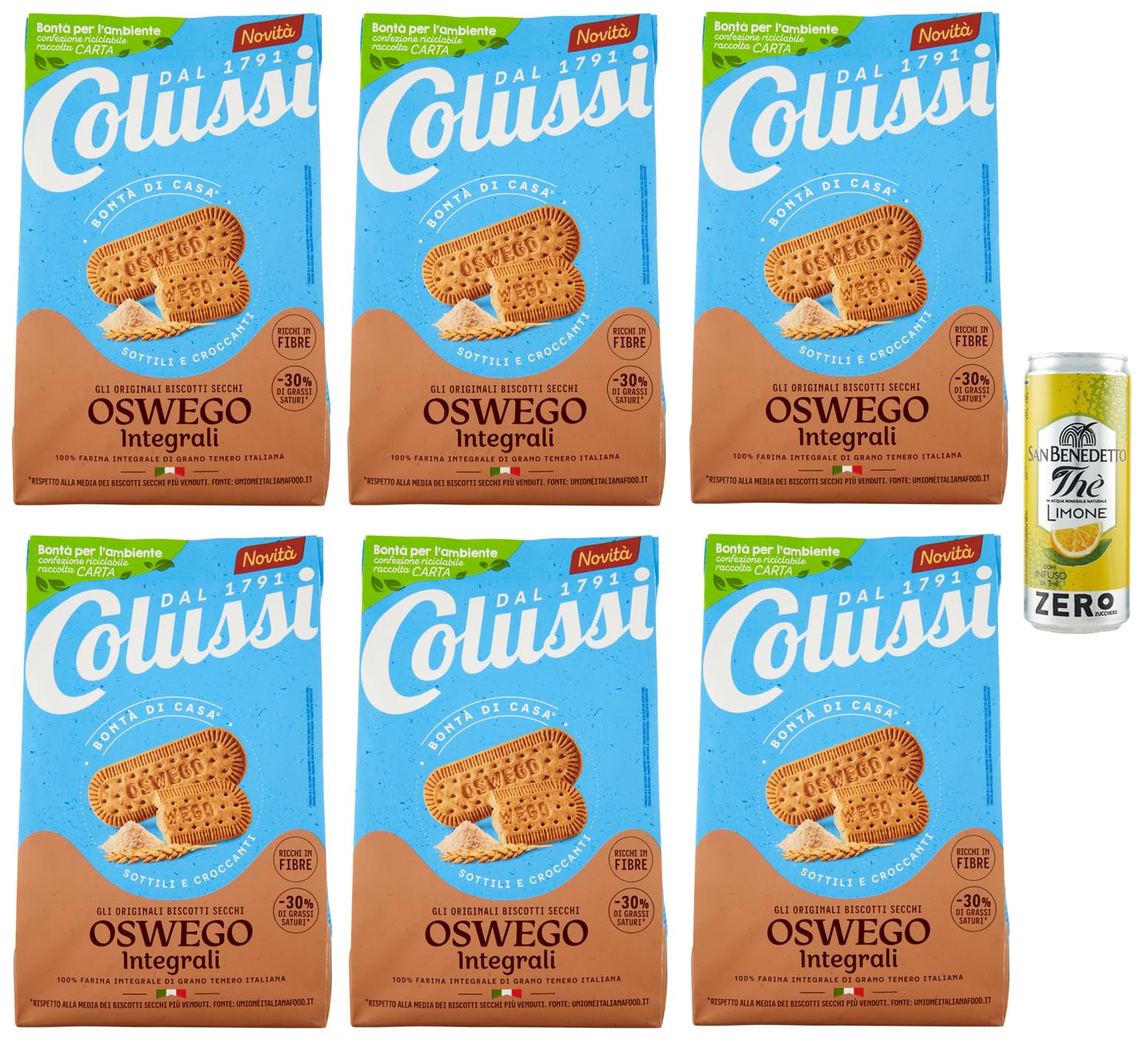 Colussi Biscotti Oswego Integrali Lot de 6 biscuits complets avec sucre brun et farine de céréales, sachet de 450 g + 1 sachet de thé glacé San Benedetto au citron sans sucre 330 ml