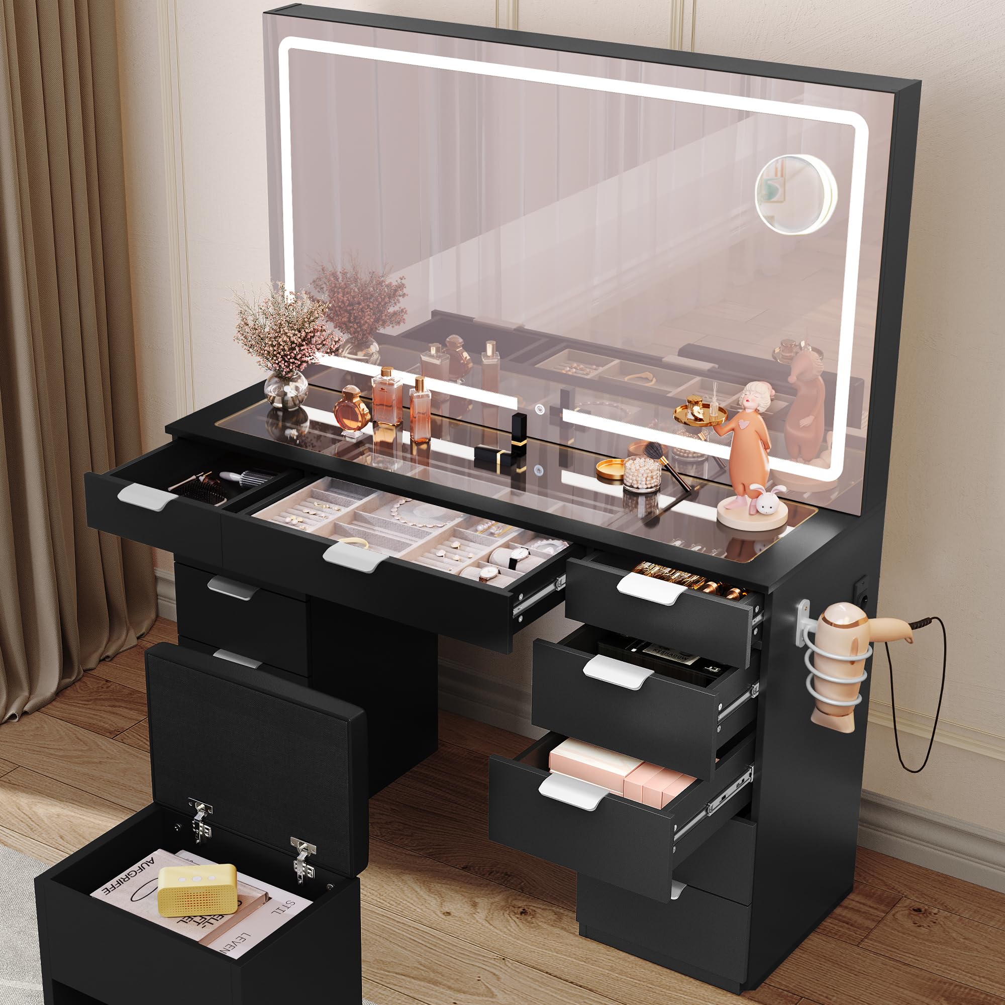 YITAHOME Schminktisch mit LED-Beleuchtung, 3 Farben mit Einstellbarer Helligkeit, Frisiertisch mit Spiegel für Make-up, Kosmetiktisch mit Steckdose, 11 Schubladen, modern, schwarz