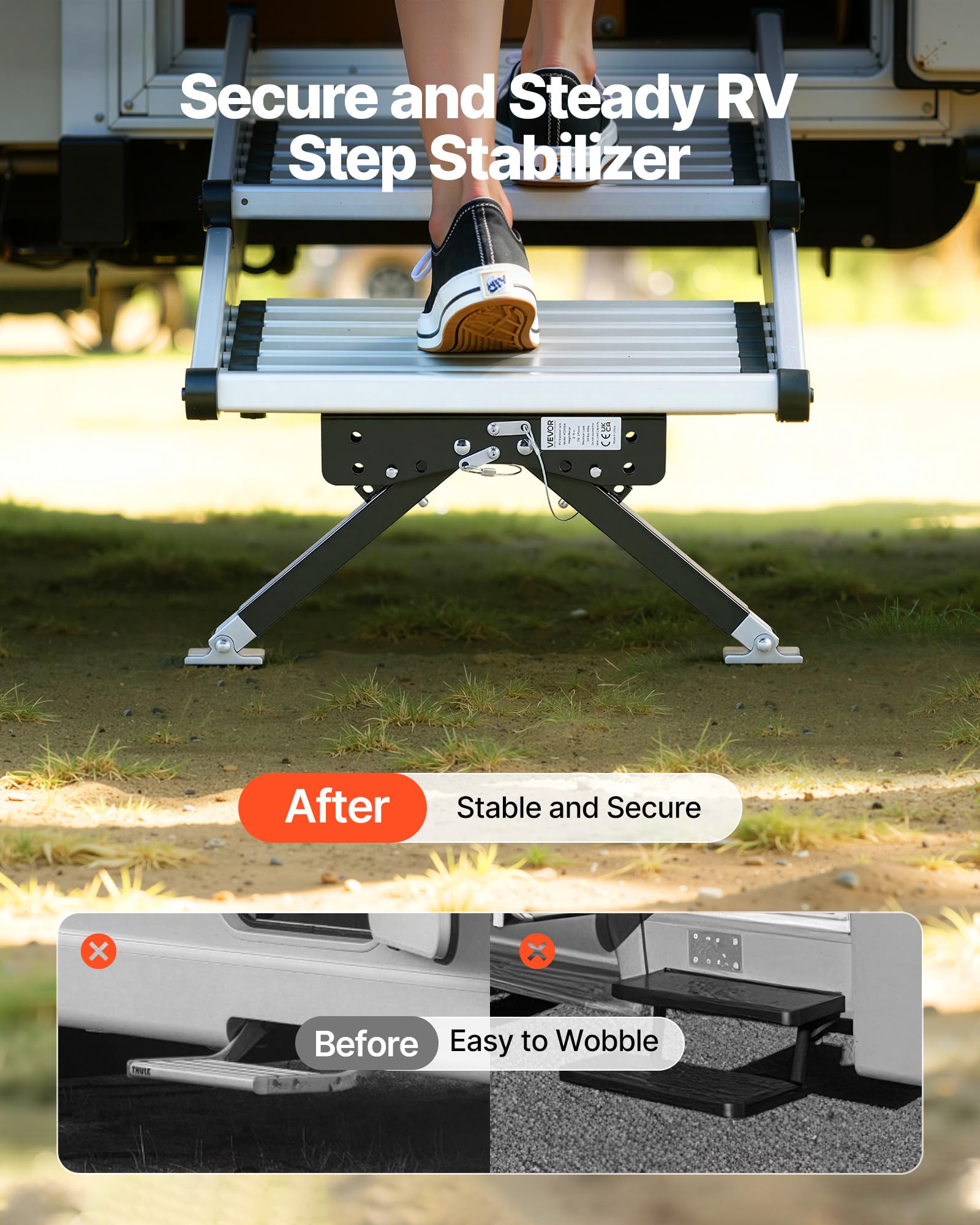 VEVOR Stabilisateur de Marche pour Camping-car, Kit Stabilisateur d'Escalier Réglable en Hauteur 76,2-381 mm, avec Revêtement en Poudre en Acier, Pliable, Accessoire pour Caravanes à Sellette