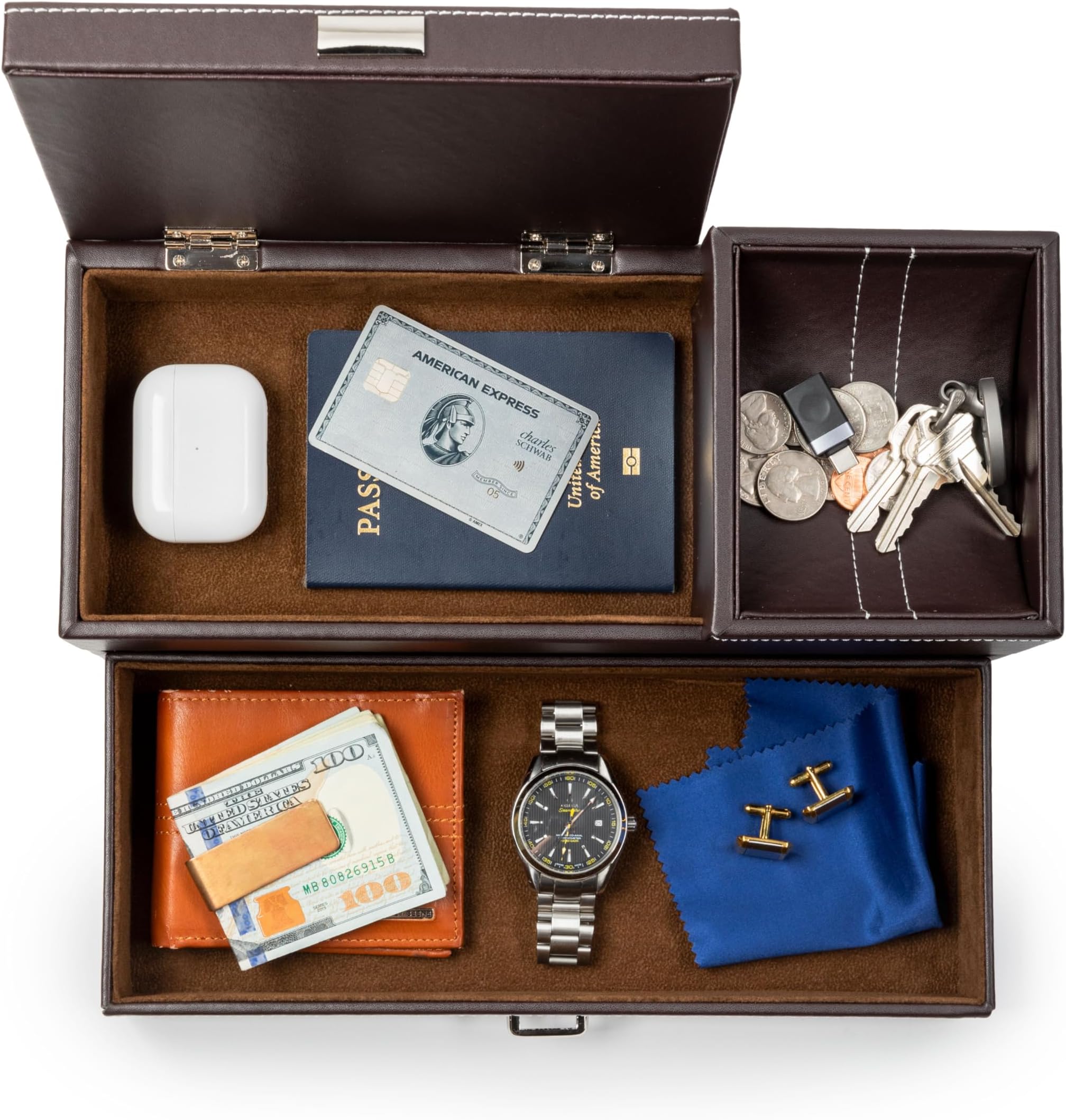 HOUNDSBAY Captain Dresser & Nightstand Valet Organizer Storage Box with Catchall and Charging Station (Brown)