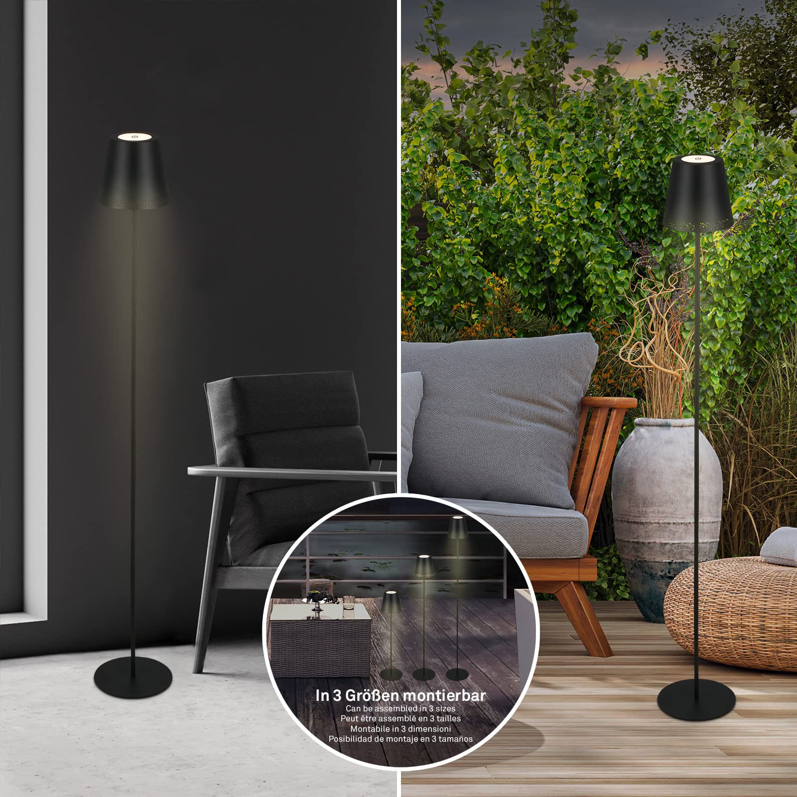 BRILONER – Akumulatorowa lampa stojąca LED 3 w 1, stopniowe ściemnianie, dotykowa, lampa stojąca LED, bezprzewodowa, czarna