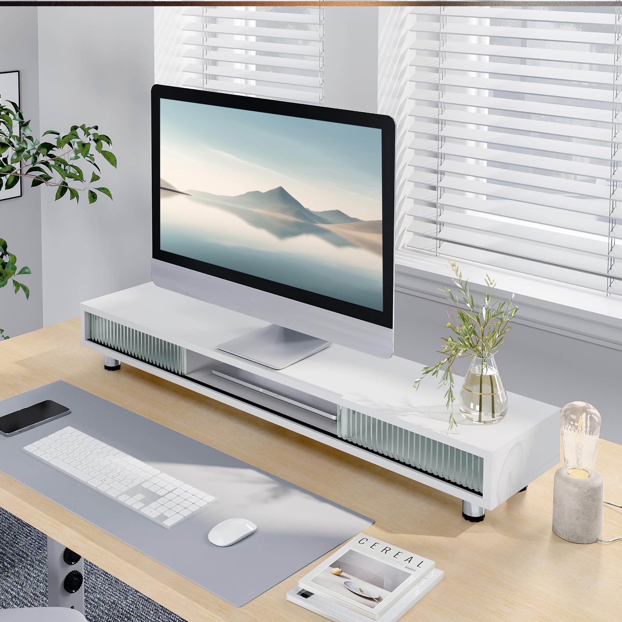 Fenge Réhausseur d'Écran d'Ordinateur avec deux Portes Coulissantes en Verre Grand Moniteur Stand pour 2 Moniteurs TV PC Imprimante, Pieds Réglables en Hauteur, 108x23,5x(15,2-16,7) cm (Blanc)