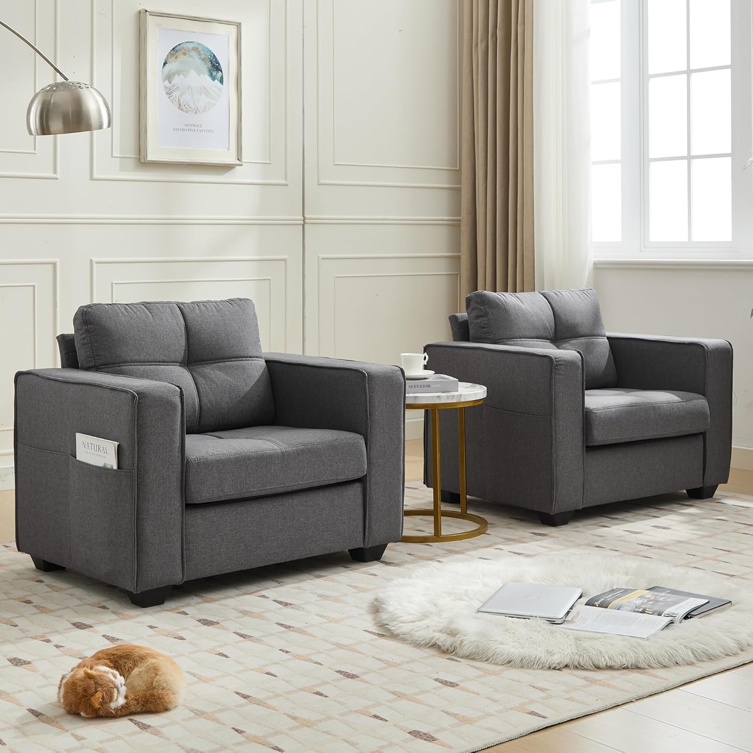 TYBOATLE Oversized Accent Chair w/Side Pockets, Modern Tufted Upholstered Living Room Chair, Comfy Arm Chair, Linen Fabric Reading Waiting Room Chairs for Bedroom, Apartment, Office