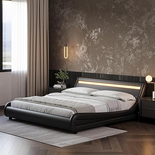 TTVIEW Base de cama LED de perfil bajo de tamaño matrimonial con cabecera ajustable, moderna plataforma tapizada con soporte de listones de madera,