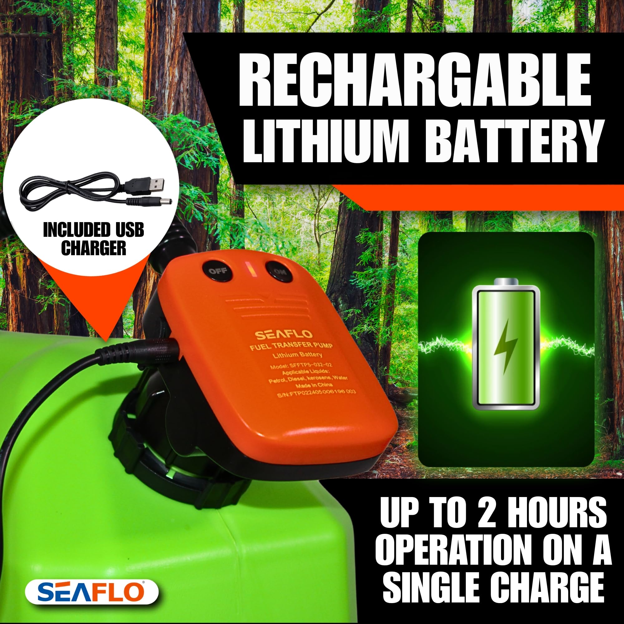 SEAFLO Pompe de transfert de pompe à carburant électrique automatique rechargeable (débit 2,3 GPM - 3,1 GPM) avec tuyau d'aspiration longueur (465 mm) et tuyau d'évacuation flexible Longueur : 1050 mm