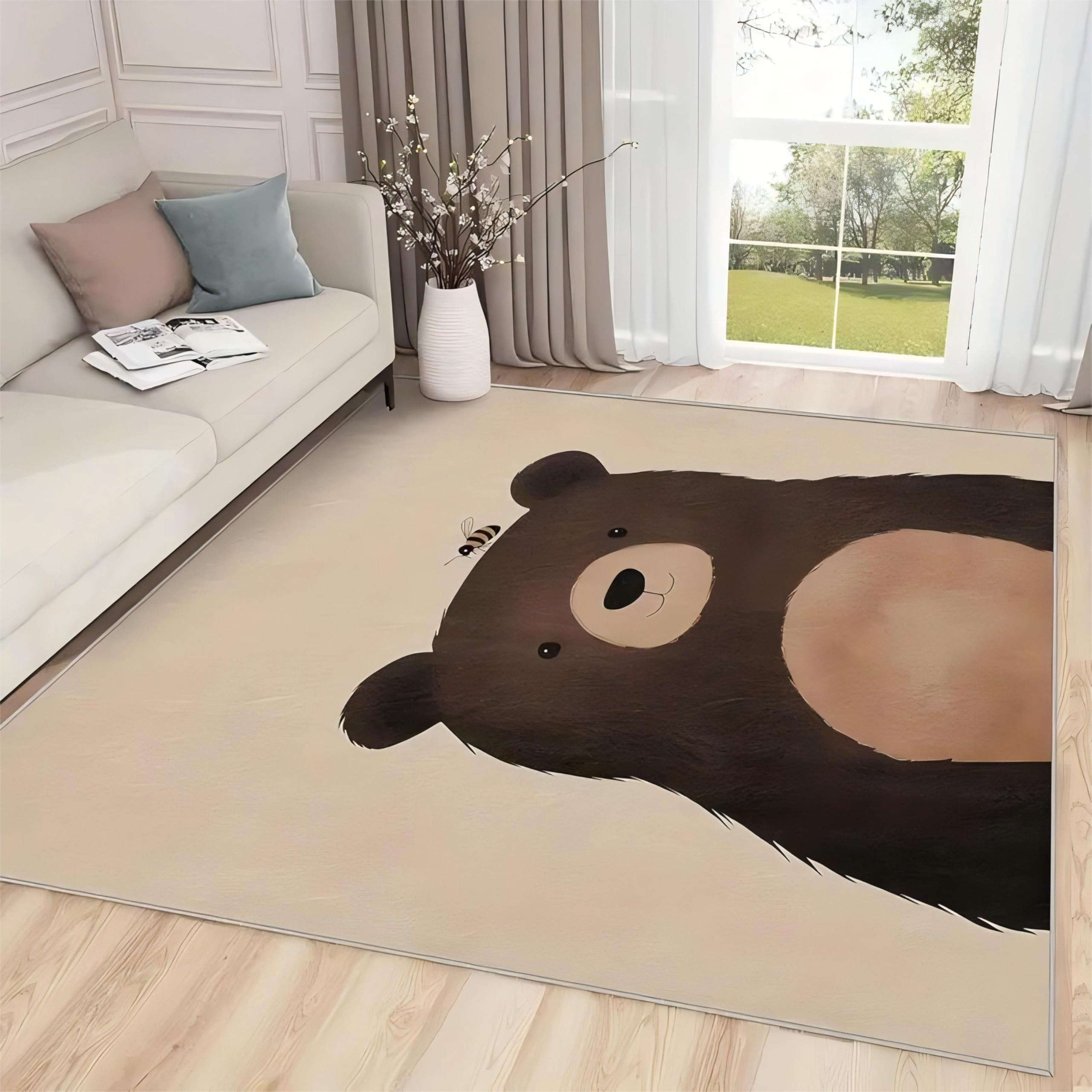 SOJAWA Cartoon Area Rug, 180x230cm Brown Fun Cute Bear Bee Pattern Rugs, Stylish and Beautiful Animal Print Floor Carpets, Washable No Shedding Bedroom Laundry Room Welcoming Entry Carpet