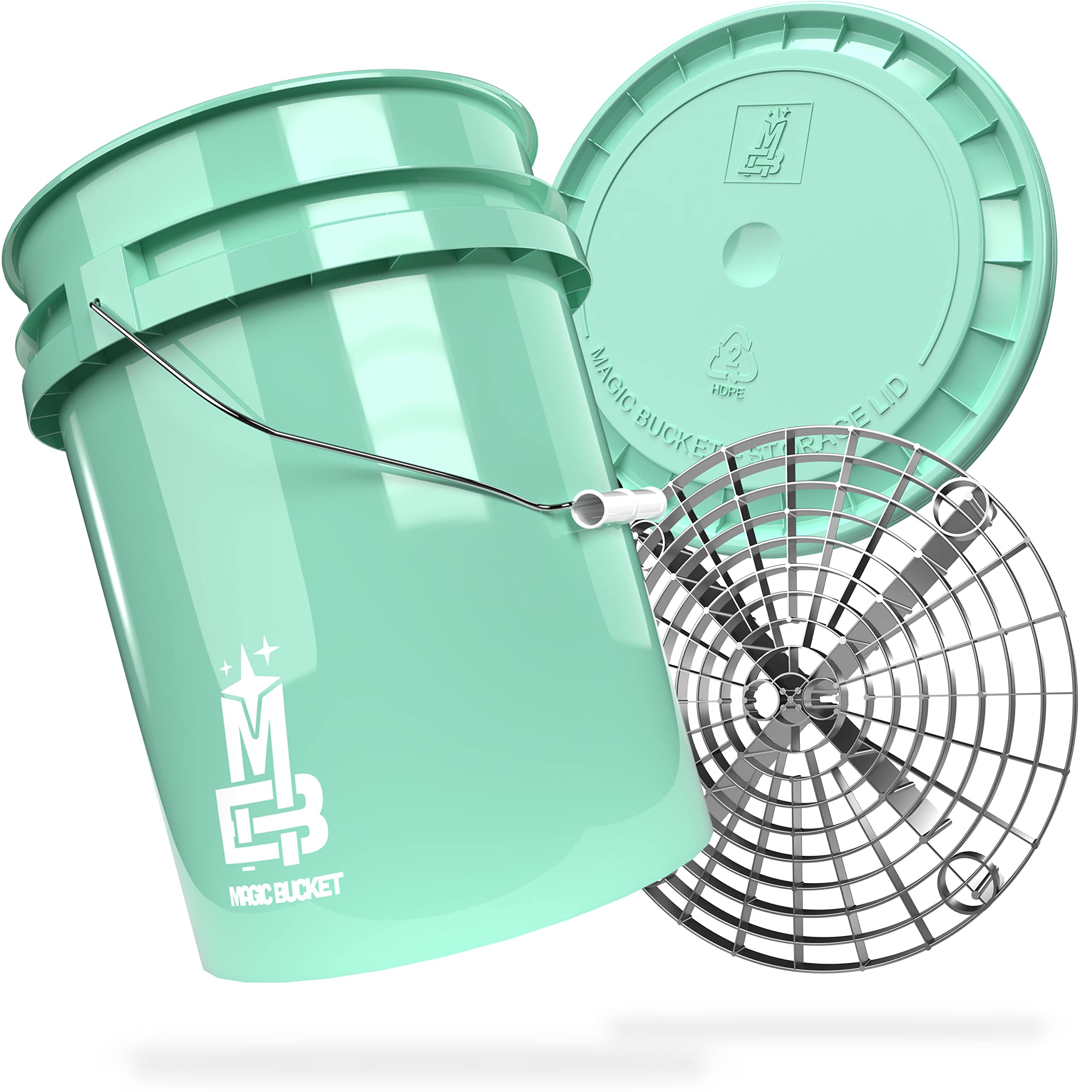 MAGIC BUCKET | Paquete de lavado a mano para coche, cubo de lavado con tapa a juego, 5 galones de EE. UU. aprox. 20 litros, con protector de grit, colador de suciedad, juego de lavado, menta/plata