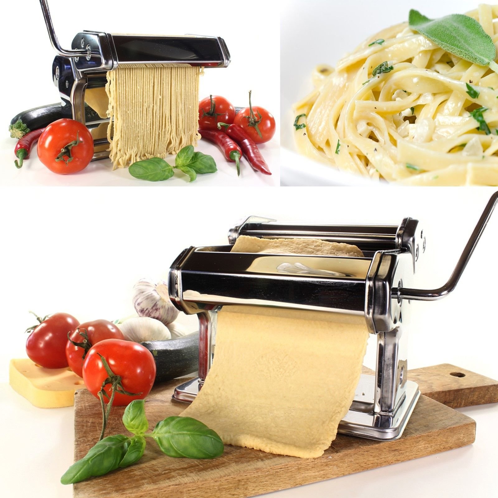 Babz 3 in 1 Heavy Duty Stainless Steel Professional Fresh Pasta Lasagne Spaghetti Tagliatelle Maker Machine Cutter with 3 Cut Press Blade Settings with Table Top Clamp Kitchen Set (Silver)