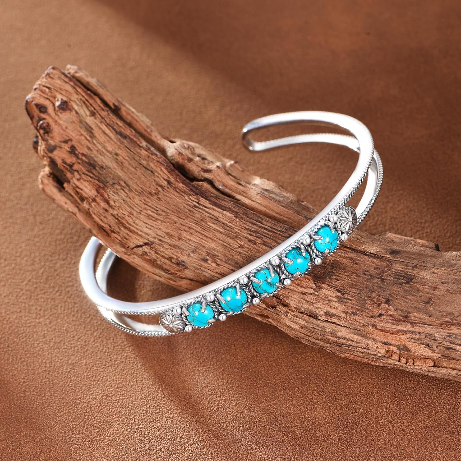 Genuine 5 Turquoise Stones Bracelet for Women, Sterling Silver Boho Adjustable Bangle Cuff Native American Jewelry, Fit for 6.5 7 7.5 Inches - Image 2