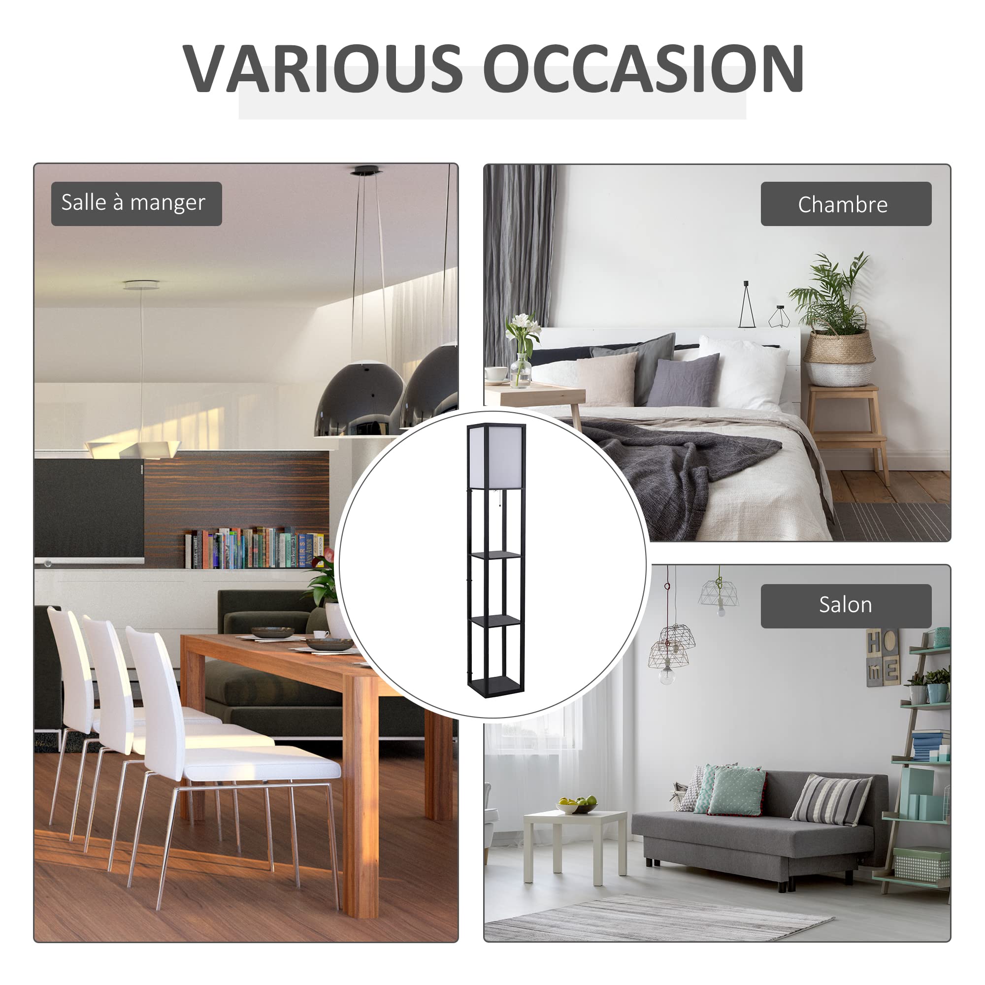 HOMCOM Lampadaire étagère 26L x 26l x 160H cm 3 étagères 4 Niveaux MDF Noir