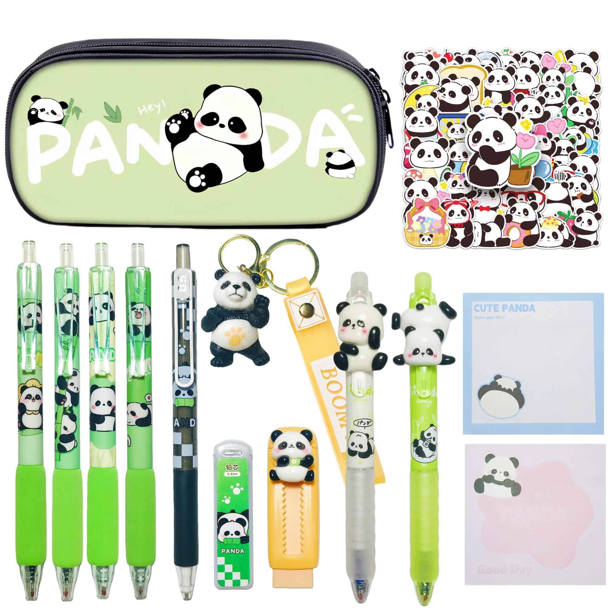 Joylio Panda Stationery Set - include panda pencil case, gel ink pens, erasable pens, mechanical pencil, retractable eraser, stickers, sticky notes, keyring for kids students school home&gift idea