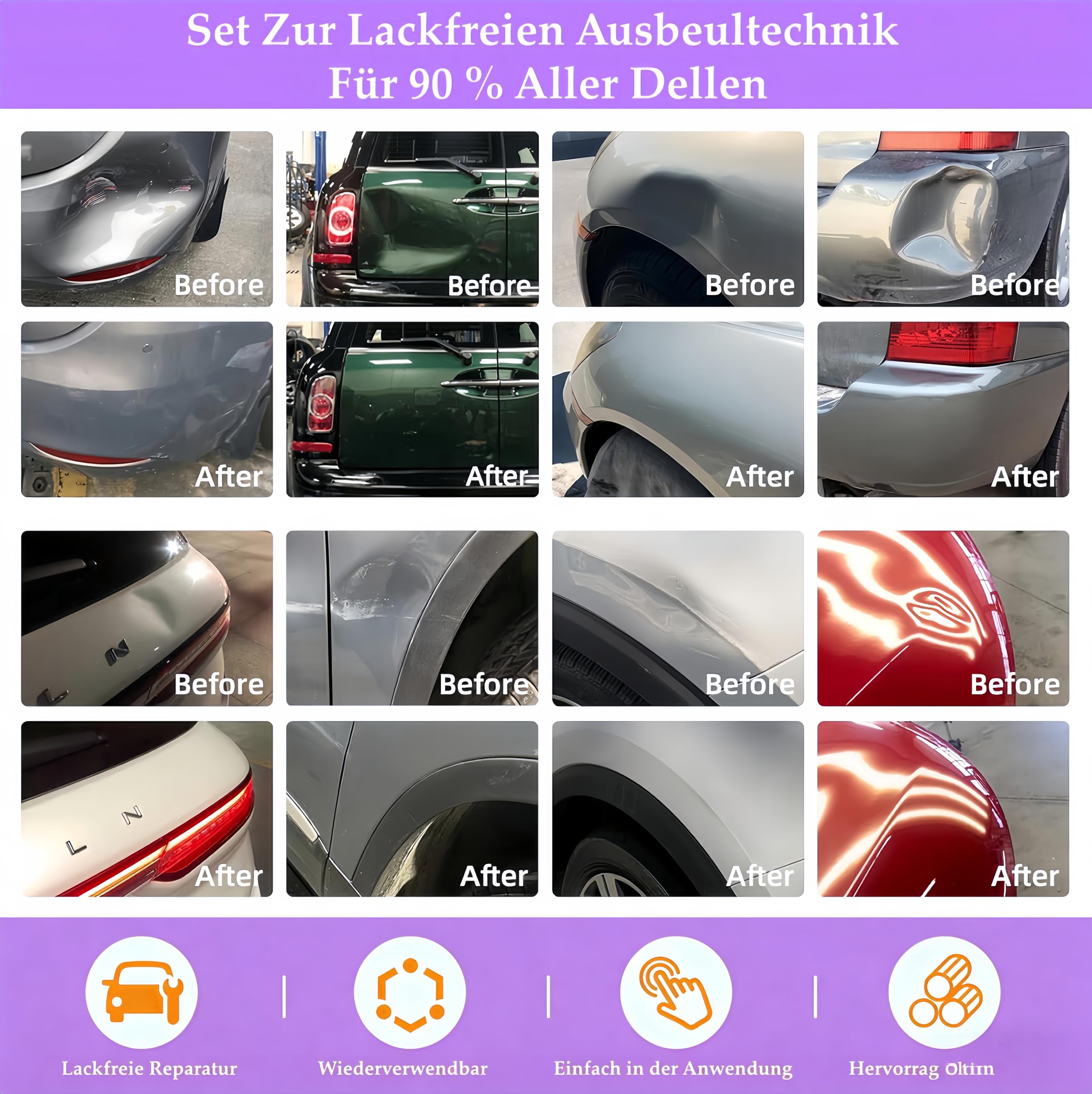 Super PDR Ausbeulwerkzeug Set – Lackschadenfreie Dellenreparatur mit Gleithammer, Dent Lifter & Linienbrett – Dent Repair Kit für Auto, Hagelschäden & Parkdellen