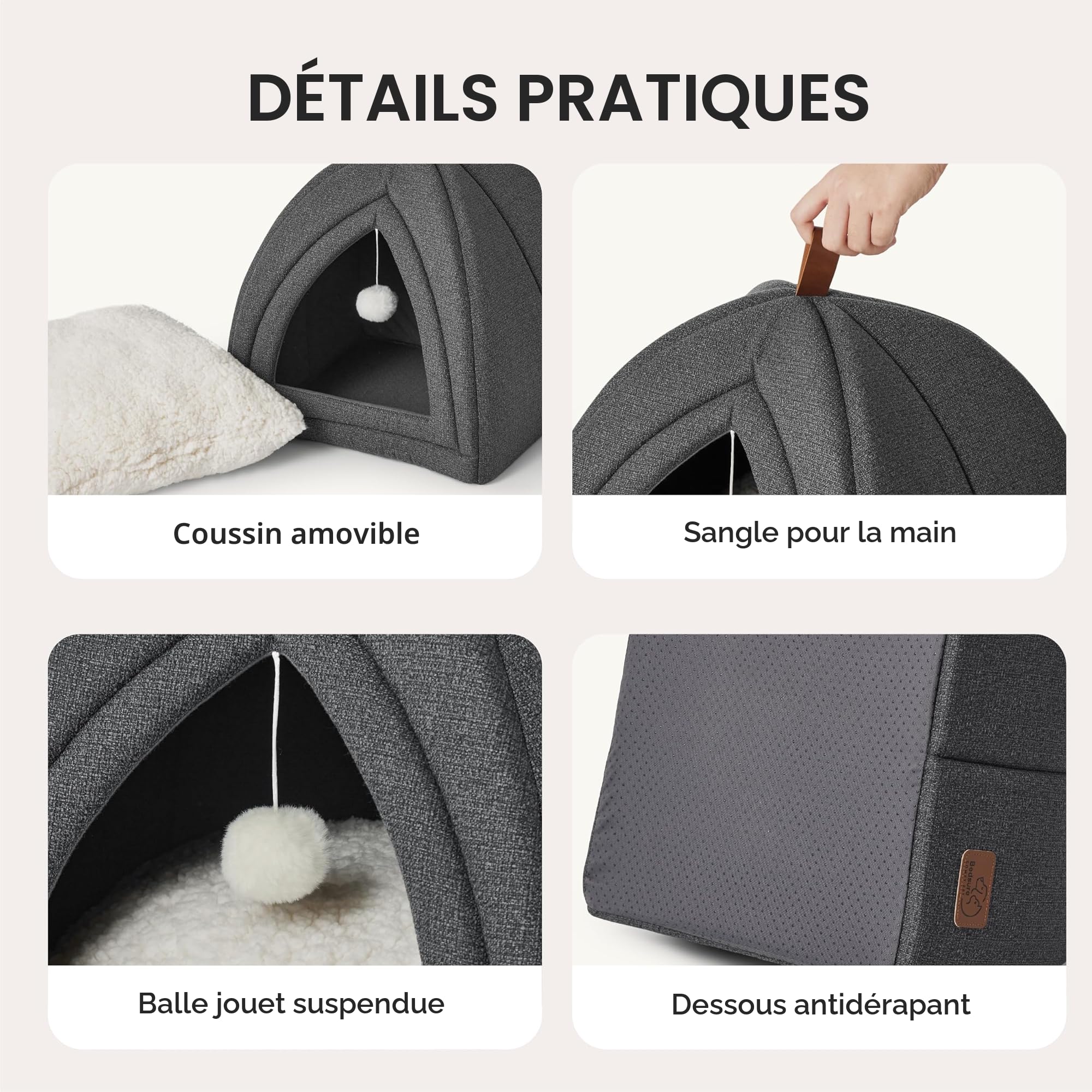 Bedsure Panier pour Chat Grande Tanière - 40 x 40 x 40 cm Maison d'Intérieur Niche Chat avec Coussin Sherpa Amovible et Jouet Suspendu, Panier Lavable, Gris Foncé