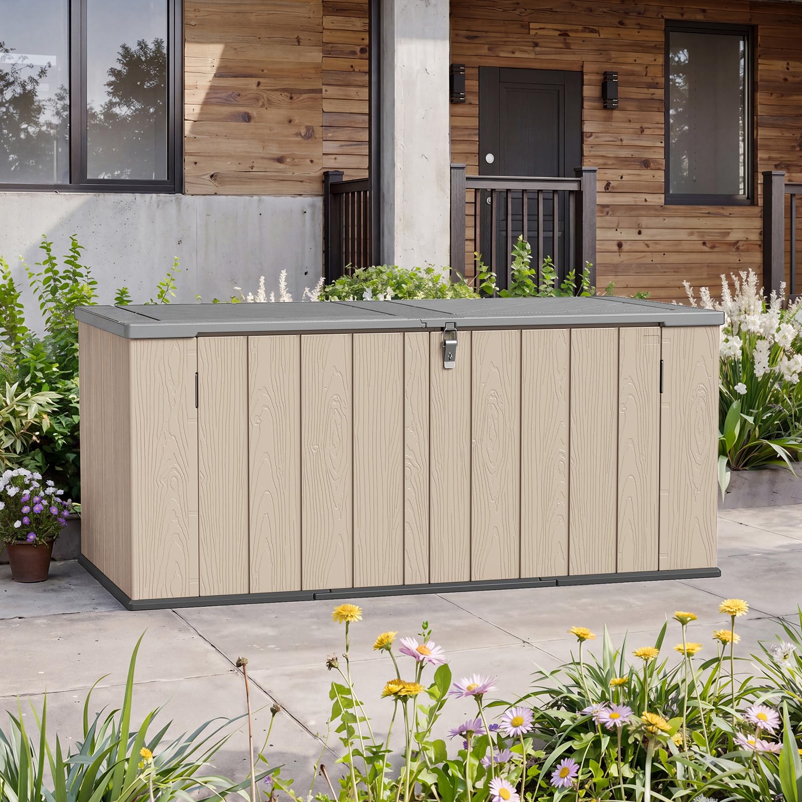 Aoxun Outdoor Deck Box 600L, Large Resin Outdoor Storage Box with Lid, Waterproof & UV-Resistant Garden Storage for Cushions, Tools, and Pool Accessories 4.7x2.2FT(Brown)