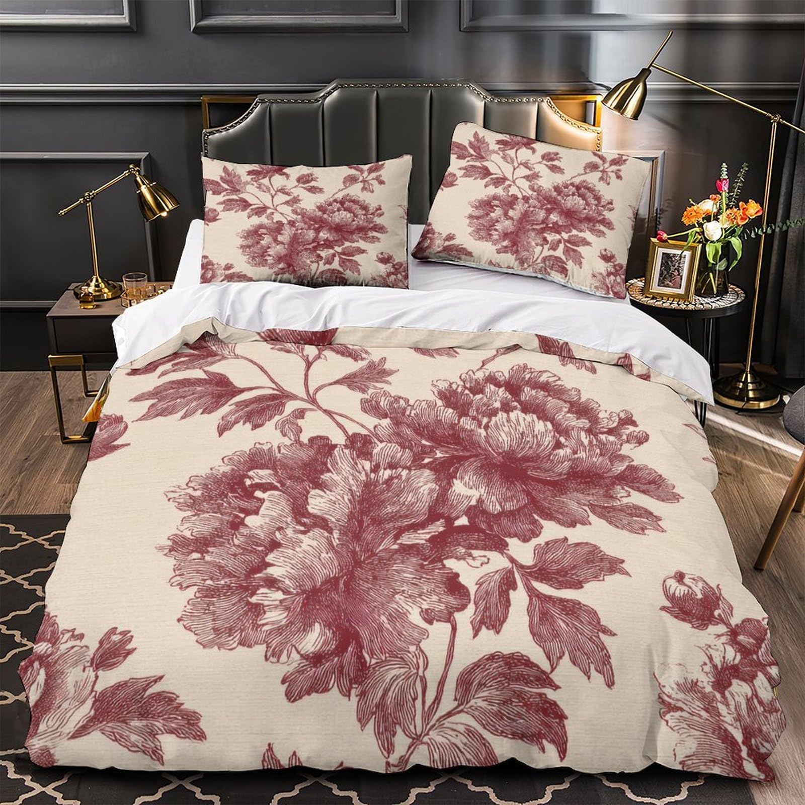 Parure de lit microfibre 135x200 motif floral vintage avec housse de couette