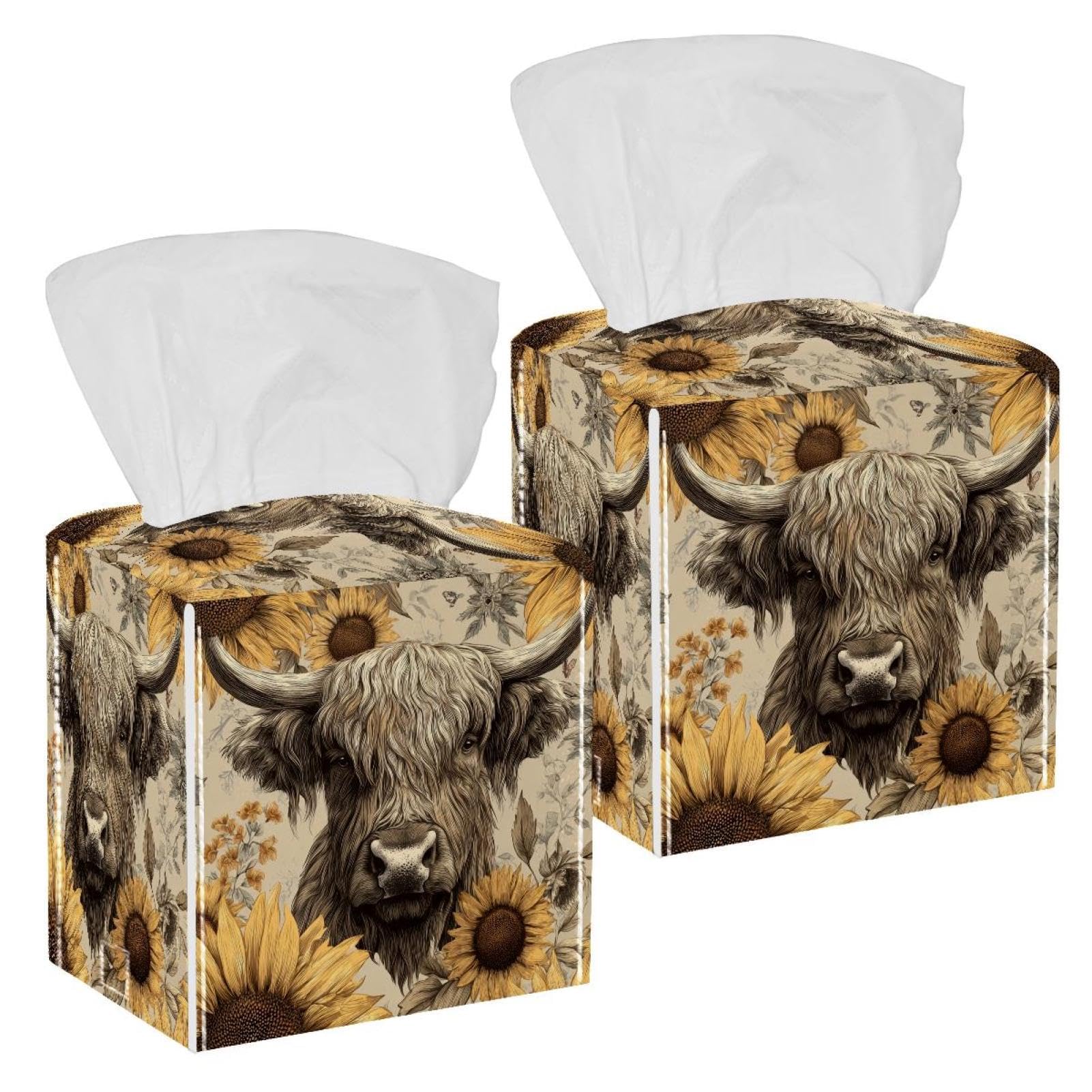 Highland Cow and Sunflowers Tissue Box Cover, 2 Pack PU Leather Square Facial Tissue Dispenser Box holder for Home Office Car