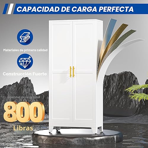 Miniatura 7 de Armario de almacenamiento de metal de 71 pulgadas de alto con 2 puertas y 4 estantes ajustables, armario de despensa de cocina, armario Blanco