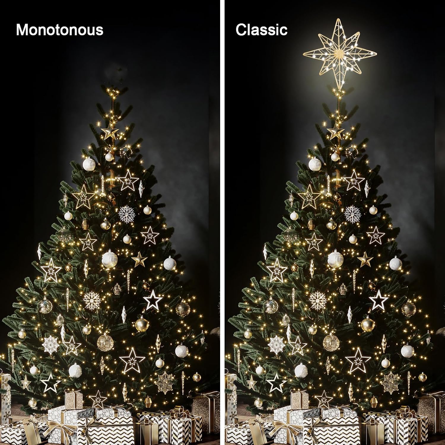 hogardeck Christmas Tree Topper, 12 Inches Lighted Gold Glittered 8-Point Star Tree Topper, 30 LED Sparkling Tree Toppers Christmas Decorations, Battery Powered Timer Xmas Treetop Star Decor