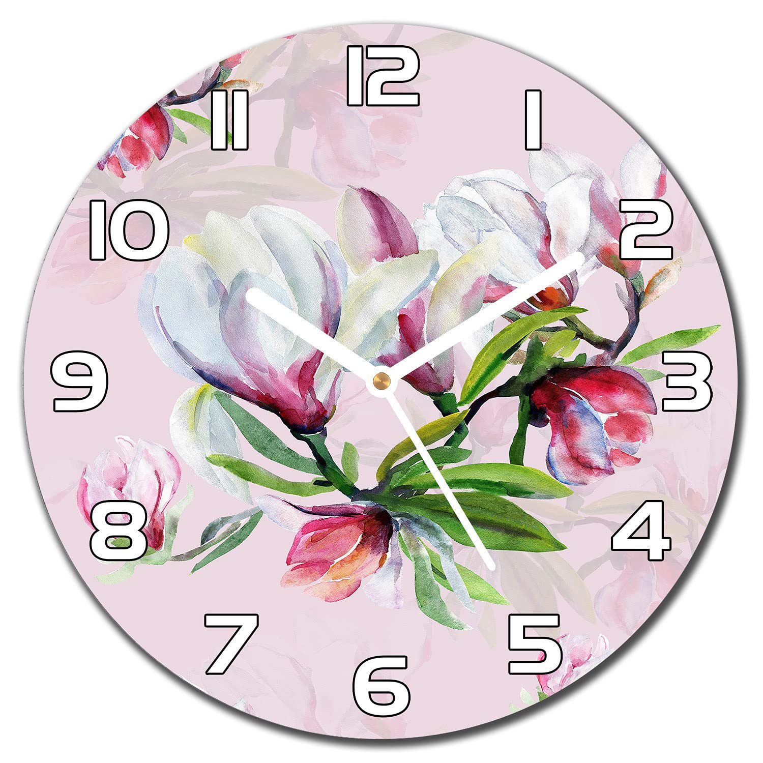 Horloge en verre de cuisine Coloray 30 cm aiguilles blanches décoration salon fleur magnolia