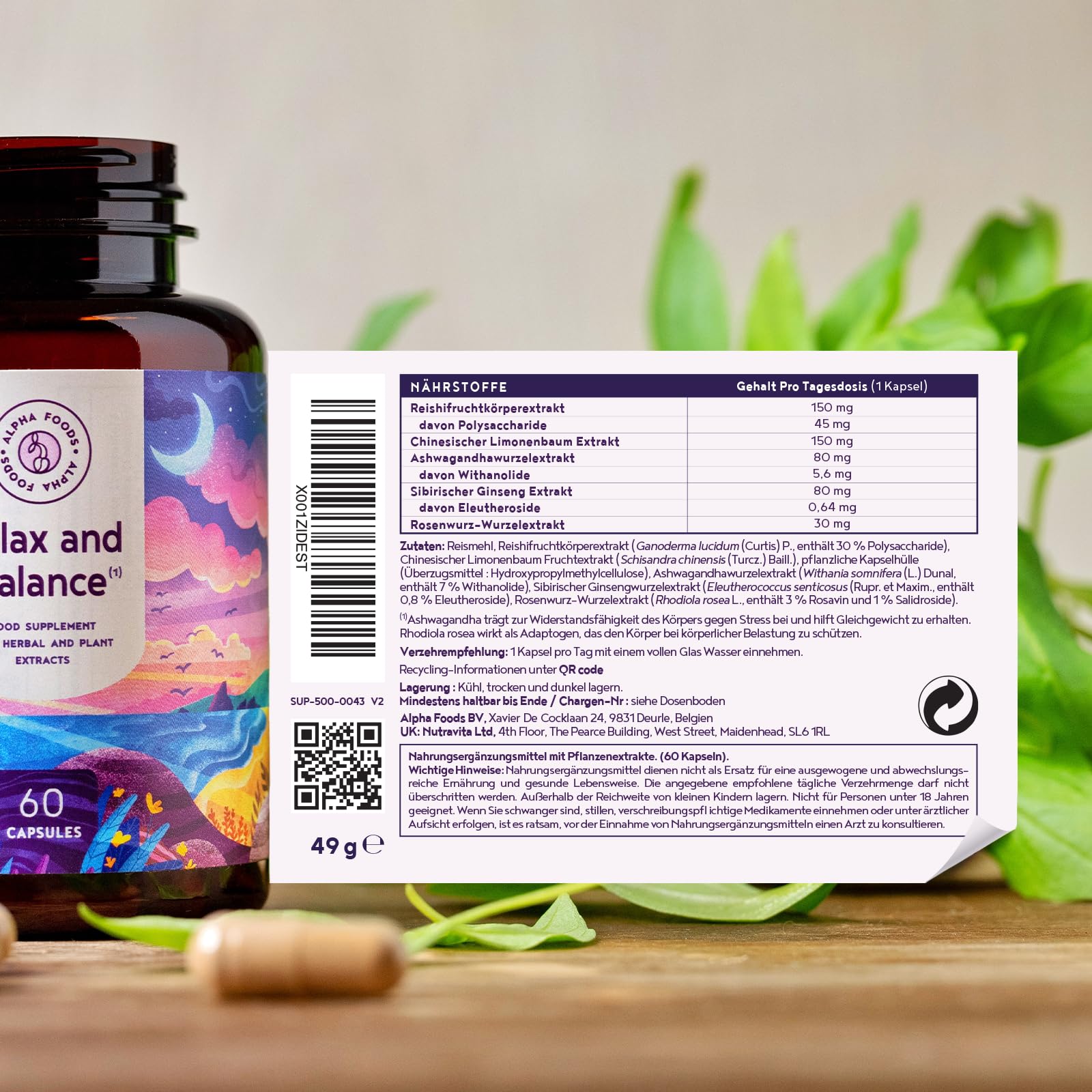Ruhe & Ausgleich | 60 Vegane Kapseln | Entspannung mit Adaptogenen | Ashwagandha, Reishi, Schisandra, Sibirischer Ginseng, Rosenwurz | HPCL-Laborgeprüft | Alpha Foods