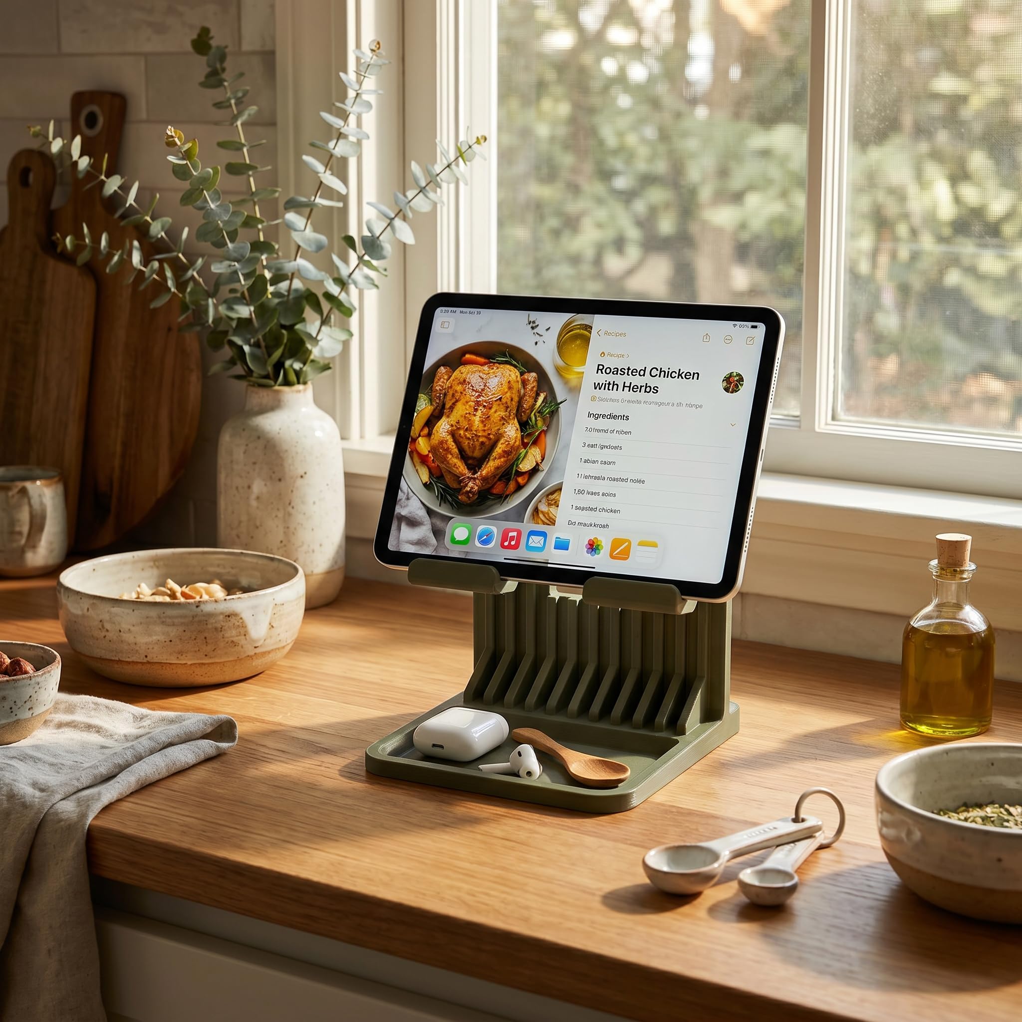 Universal Tablet Stand with Storage Tray | 3D Printed Desk Holder Compatible with iPad Pro, iPad Air, Samsung Galaxy Tab & Tablets up to 15 mm Thickness | Modern Organizer Stand-image-4