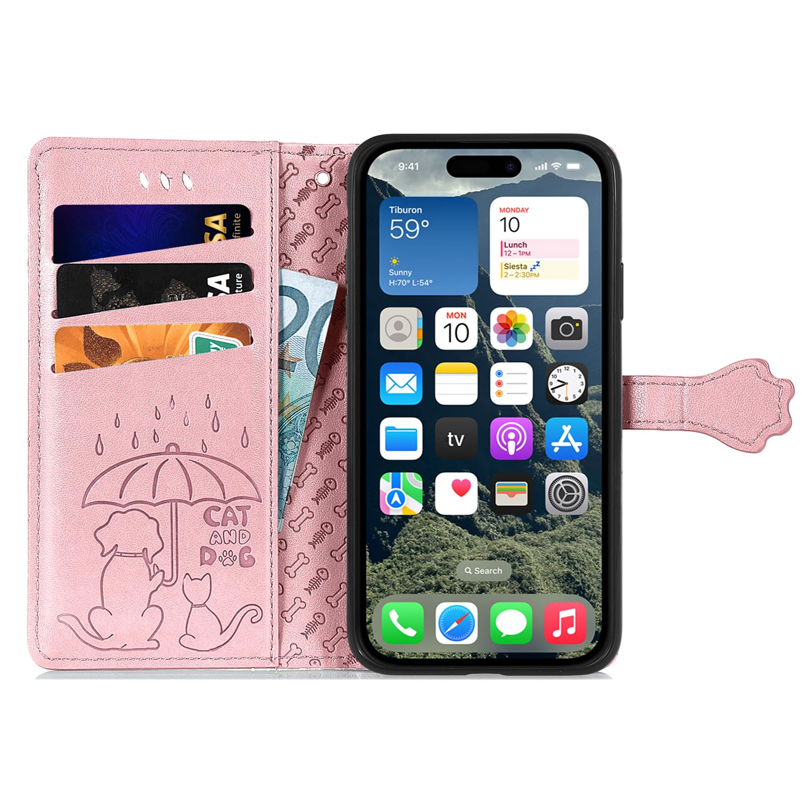 Etui na iPhone'a 17e, skórzany portfel premium z wytłoczonym wzorem uroczego kota psa [przegródki na karty] [podpórka] [wewnętrzna powłoka TPU] etui z klapką, różowe złoto