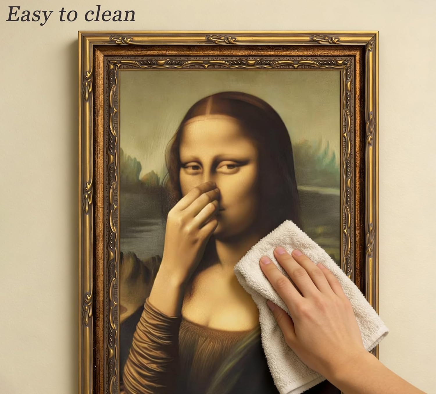 Gold Frame Funny Bathroom Canvas Wall Art Vintage Bathroom Mona Lisa Painting Pictures Wall Decor Humor Amusing Toilet Art Pinching Nose Poster Prints Mona Lisa Artwork Home Decoration 12x16in