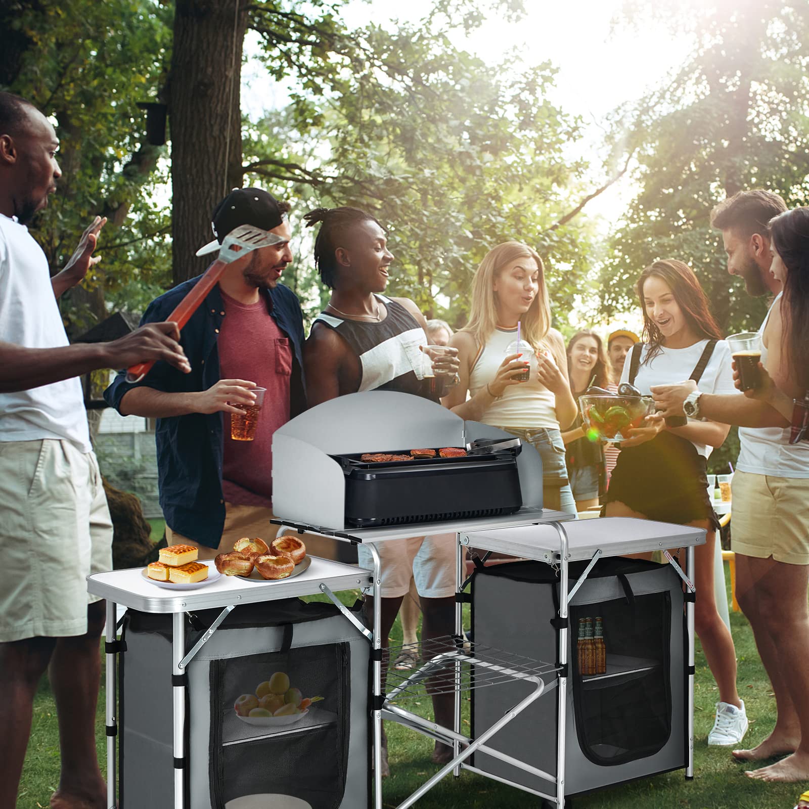 GYMAX Folding Camping Table, Portable Kitchen Table with 2 Zipper Organizer Shelf & Wind Screen, Foldable Cooking Table for Camping Hiking Picnic BBQ (Grey)