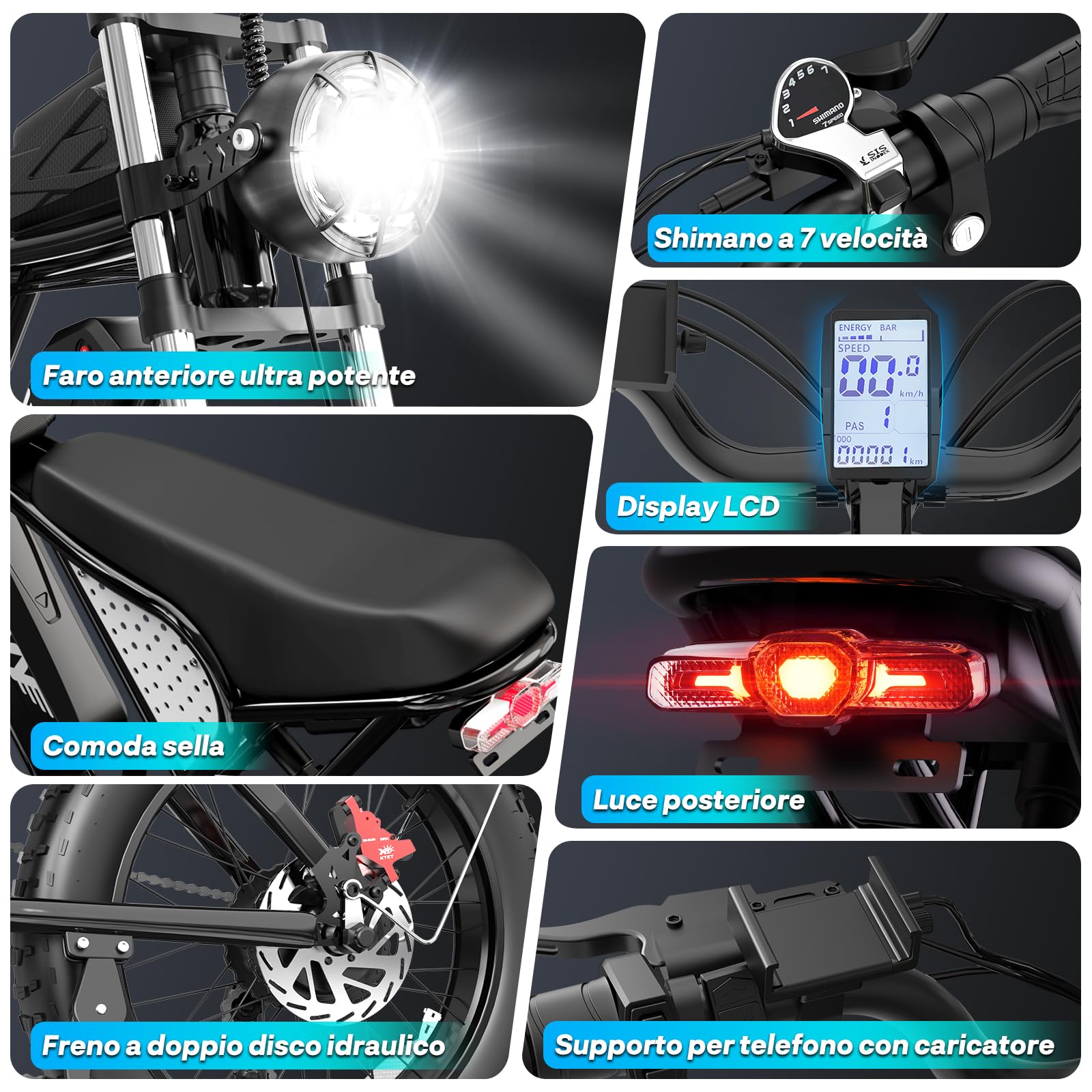 YVY Bici Elettrica, Batteria Rimovibile 20/40 Ah, Autonomia 120 km/150 km/300 km, Bicicletta Elettrica Uomo 7 Velocità, Ebike Doppia Sospensione, Doppio Disco, Schermo LCD