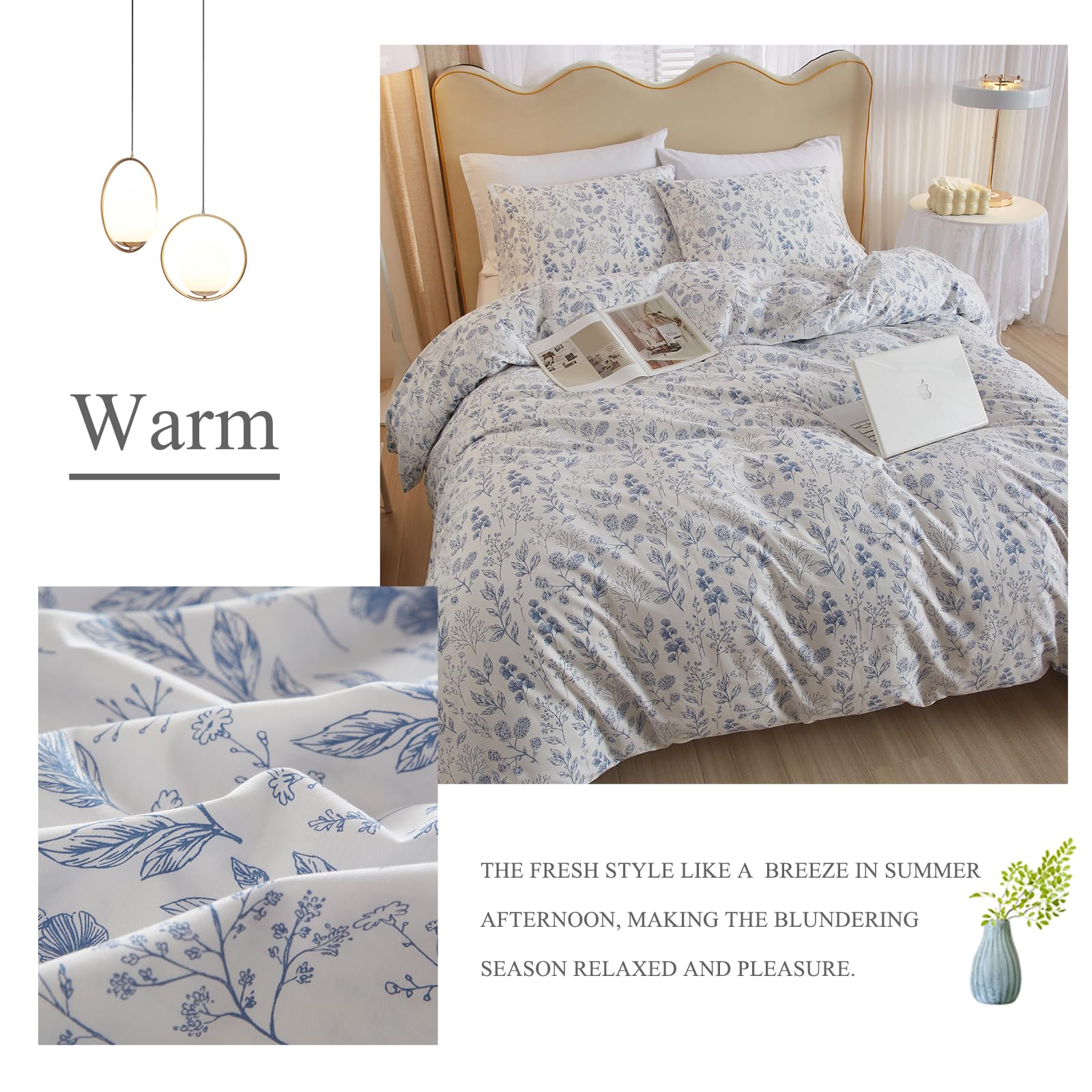 Funda de edredón de 3 piezas, tamaño Queen, funda de edredón blanca con estampado floral azul, funda de edredón de algodón suave estilo bohemio, juego de ropa de cama estético Queen con cierre de