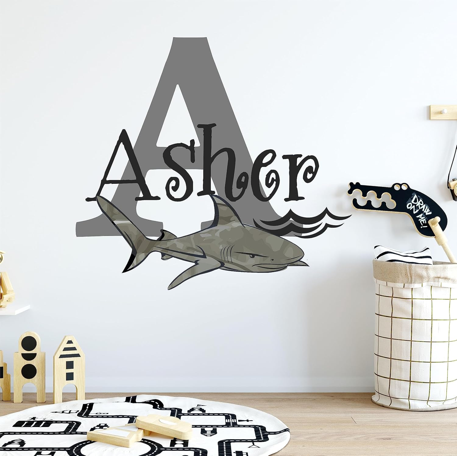 Boys Nursery Baby Shark Beach Summer Theme Personalized Custom Name and Initial Decal Vinyl Wall Decal Wall Decor Wall Sticker (X Large)