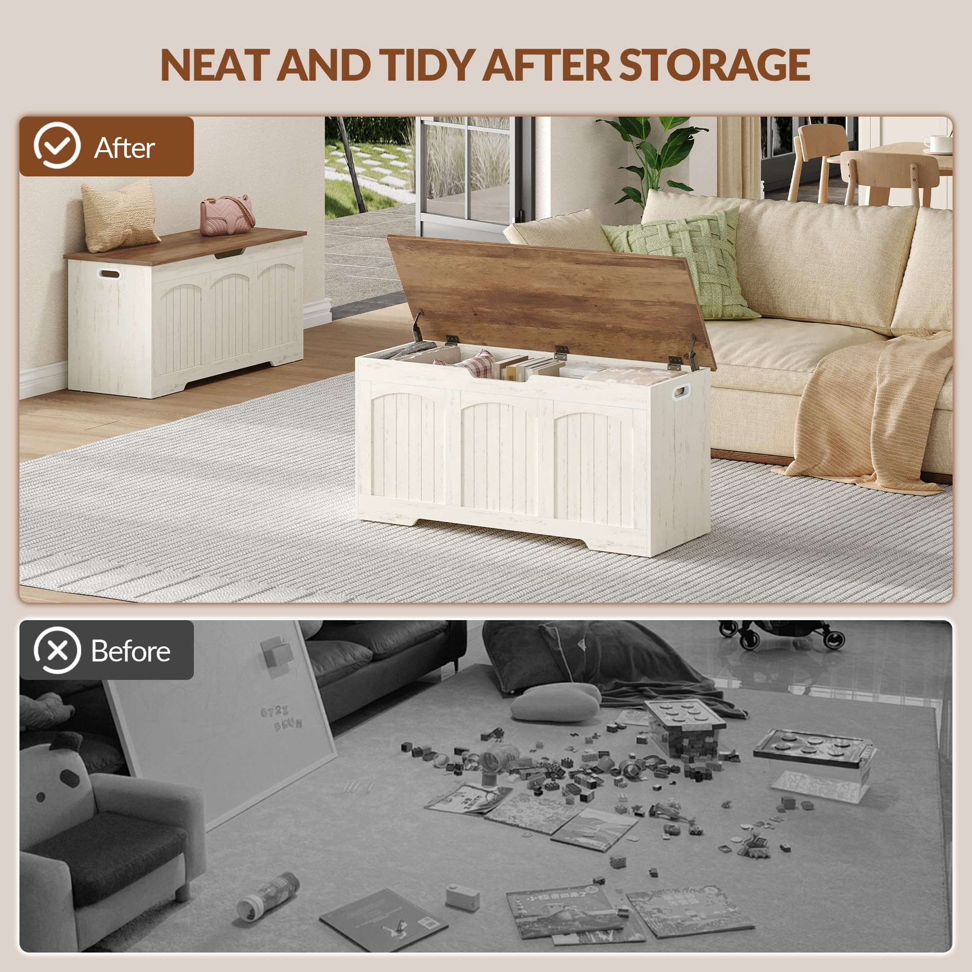 Cassapanca, Cassapanca Contenitore in Legno, Panca Contenitore con Cerniere di Stabilità, per Ingresso, Camera da Letto, Soggiorno, 100 x 40 x 48 Cm, Bianco e Marrone FFXD103PWR1