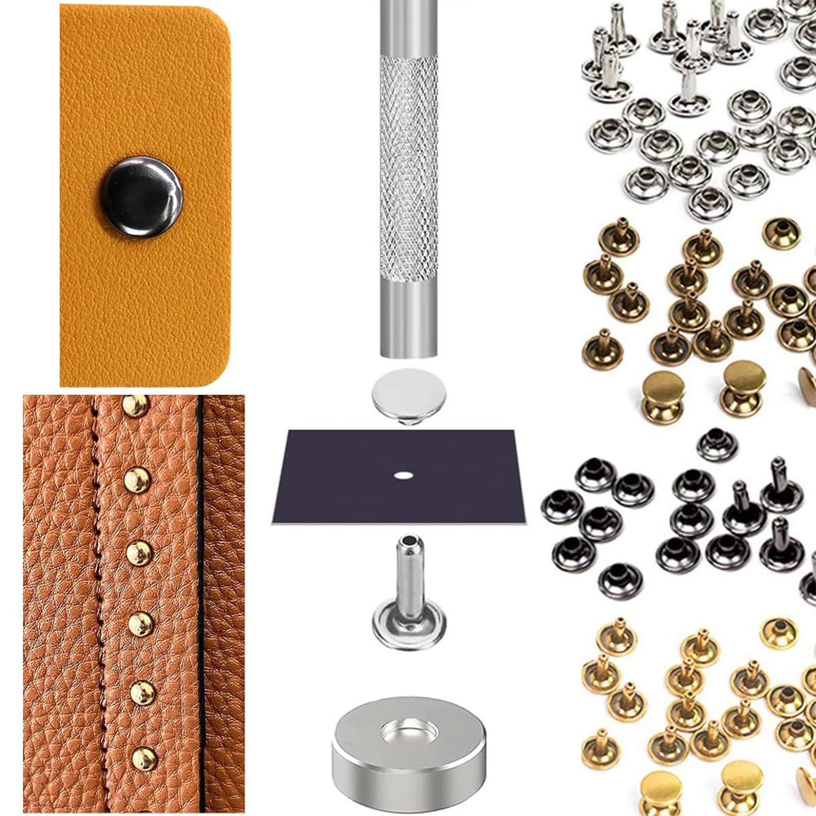 Lot De 180 Rivets En Métal Pour Cuir En 3 Tailles - Fabriqués à La Main - Rivets Creux - Avec 3 Outils De Fixation - Boîte De Rangement Pour