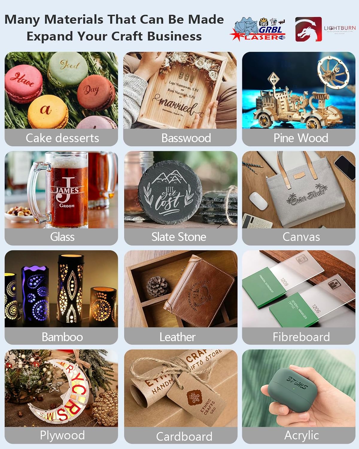 Grid of images showing various materials and engraved/cut products, including cake desserts, basswood, pine wood, glass, slate stone, canvas, bamboo, leather, fibreboard, plywood, cardboard, and acrylic.