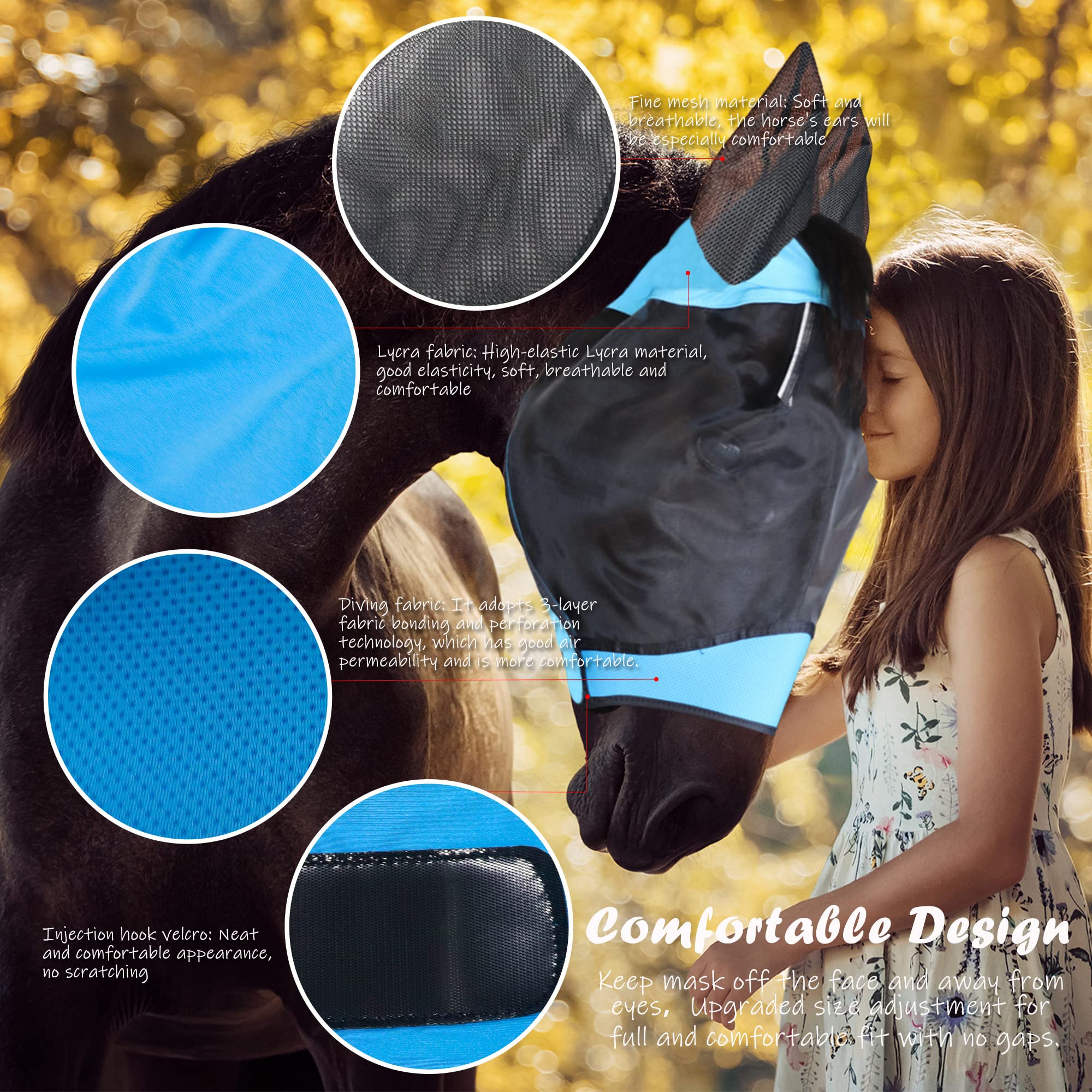 Máscara de caballo con malla fina transpirable para protección UV y protege la cara, las orejas y los ojos del caballo de los tábanos, malla suave, garantiza una vista y respiración sin