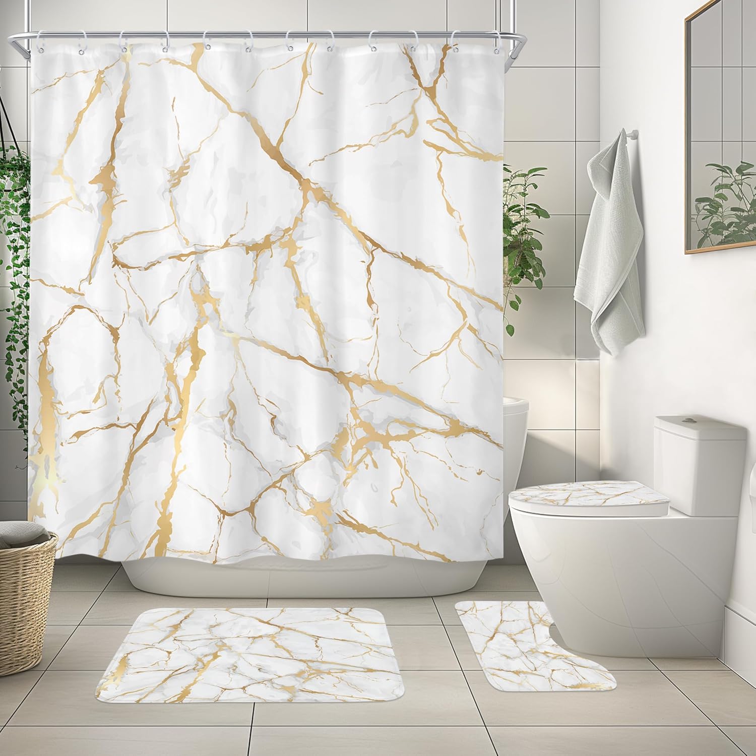 Newsely 4Pcs White and Gold Marble Shower Curtain Set With Non-Slip Rugs, Toilet Lid Cover and Bath Mat, Abstract Modern Crack Line Shower Curtain With 12 Hooks, Luxury Bath Curtain for Bathroom Decor