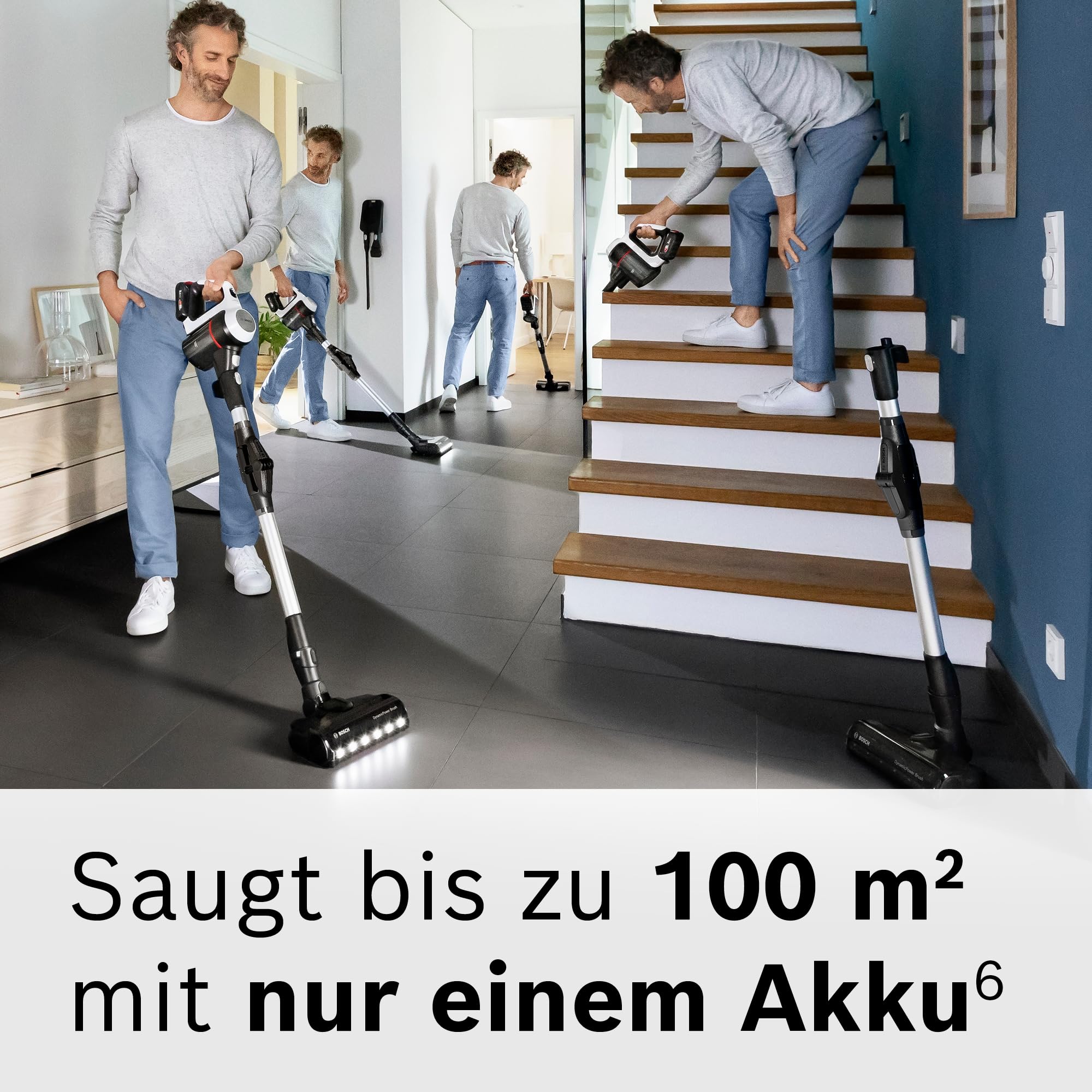 Bosch Akku-Staubsauger Unlimited 7 BSS711W, kabelloser Handstaubsauger, beutellos, Wechselakku, Knickrohr, Hygiene-Filter, 10 Jahre Motorgarantie, XXL-Polsterdüse, LED-Beleuchtung, Turbostufe, weiß