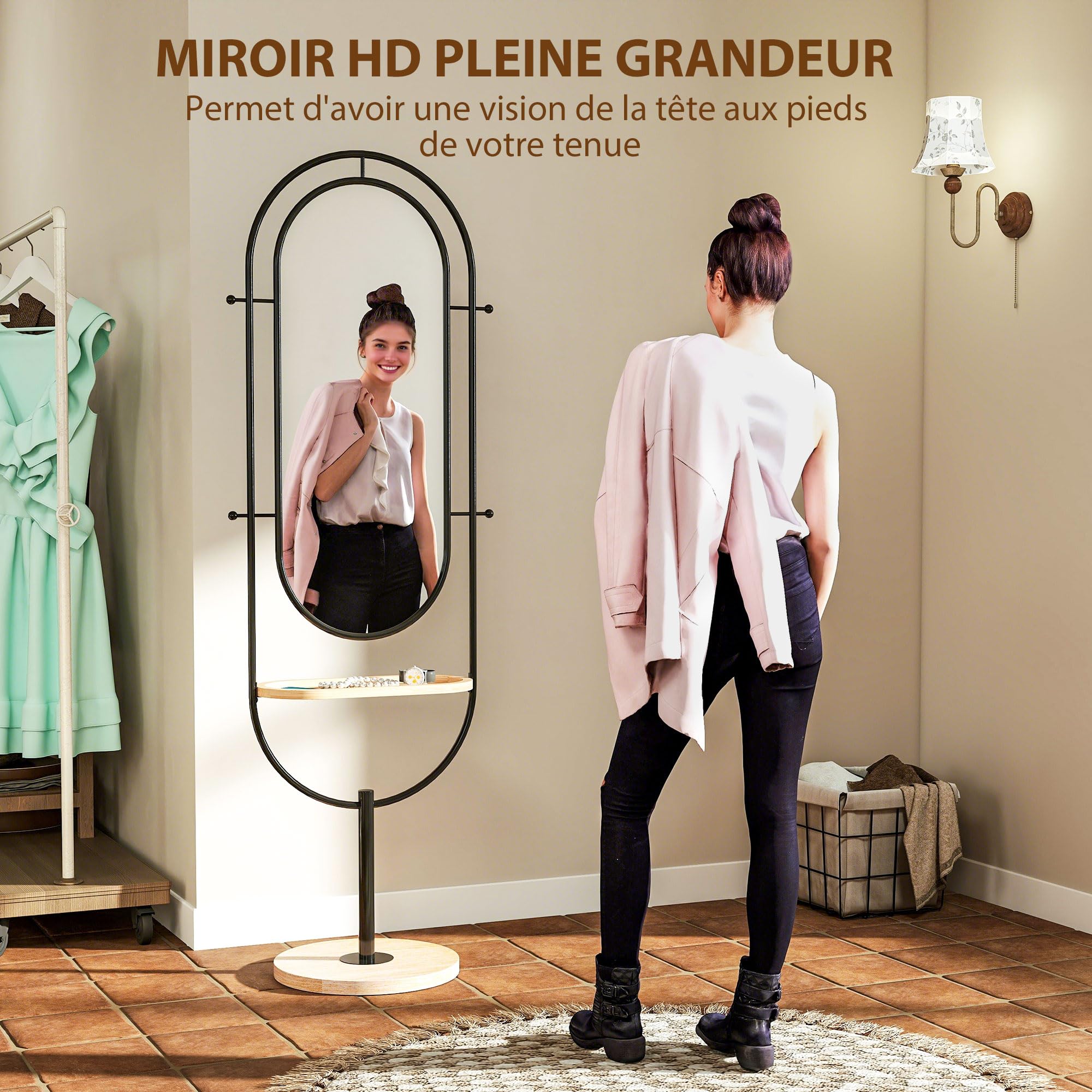 HOMCOM Miroir sur Pied Ovale avec Plateau en Bois 50 x 40 x 175,5 cm Noir