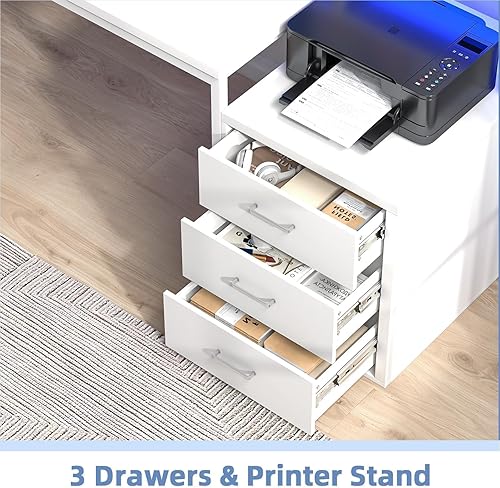Miniatura 5 de Escritorio blanco con 3 cajones, escritorio de oficina de 67 pulgadas con soporte largo para monitor y estante de impresora, escritorio reversible