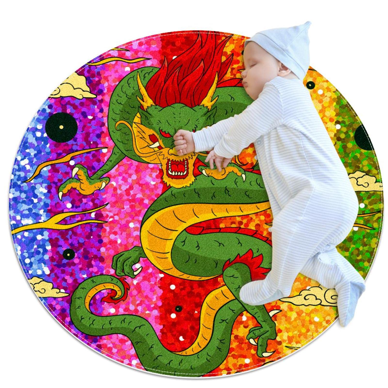 Tapis rond pour enfants JDEZ motif dragon arc-en-ciel 80x80cm