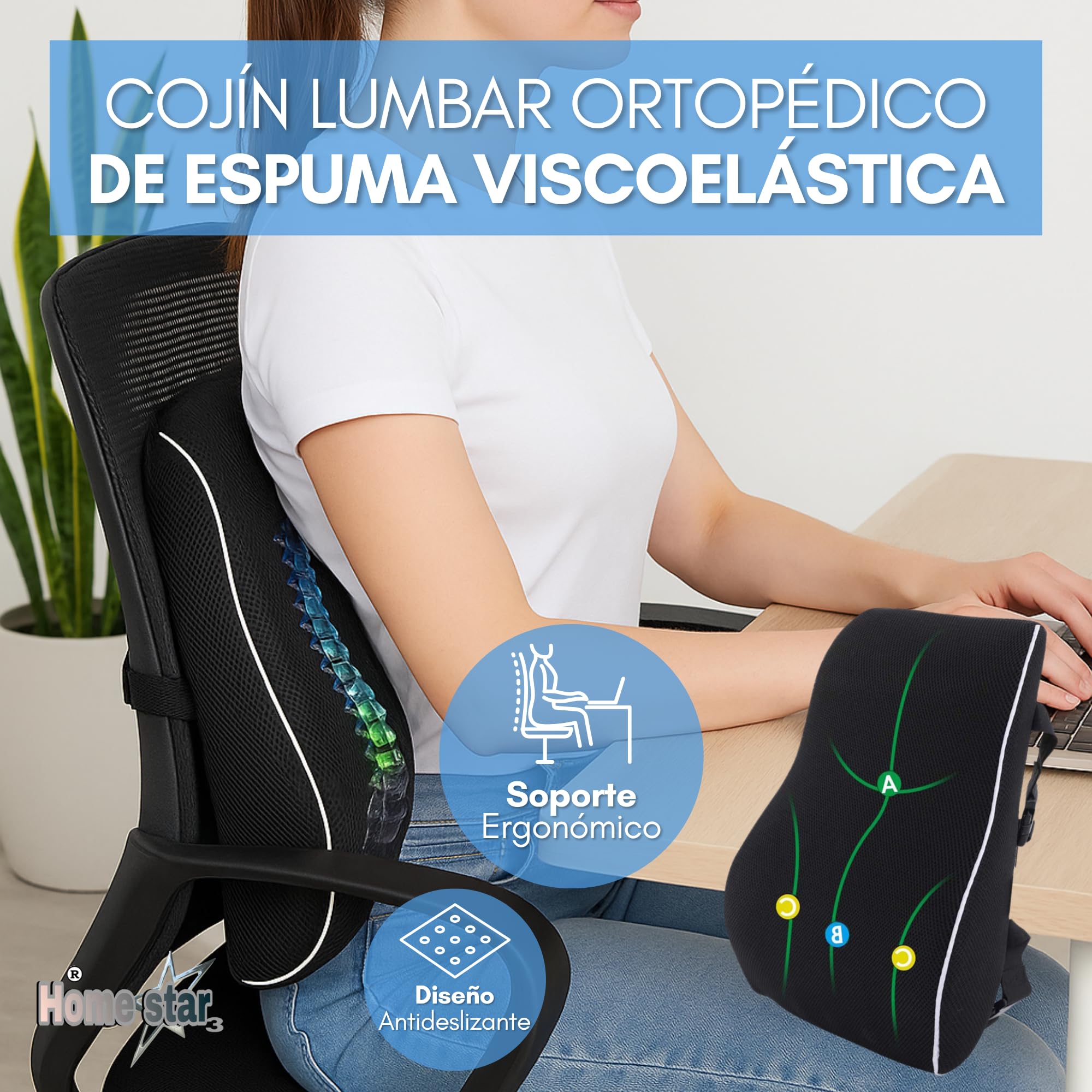 Cojín Lumbar Ergonómico para Dolor de Espalda – Soporte Espalda Baja para Silla Oficina y Coche – Memory Foam Viscoelástica Transpirable – Respaldo Ortopédico Ajustable