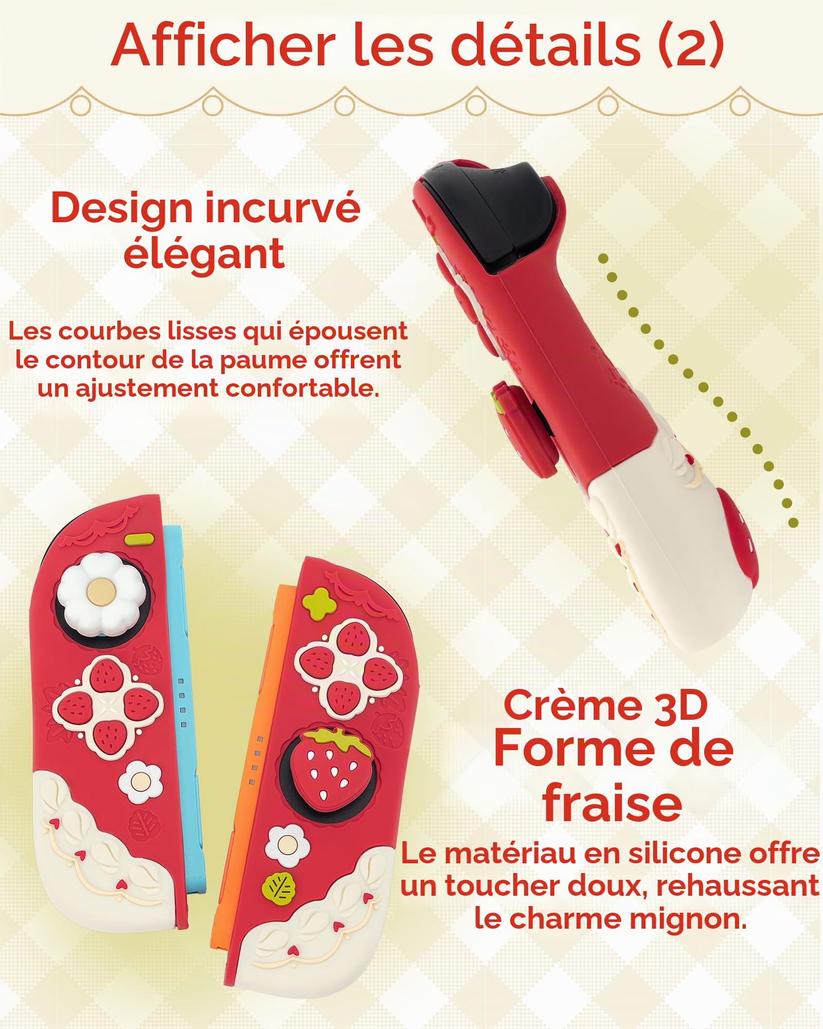 GeekShare Coque de Protection en Silicone Souple Compatible avec Switch 2 Coque Anti-Rayures Compatible avec Switch 2 Coque Amovible avec 2 Capuchons Poignée de Pouce - Fraises avec Crème (Rouge)
